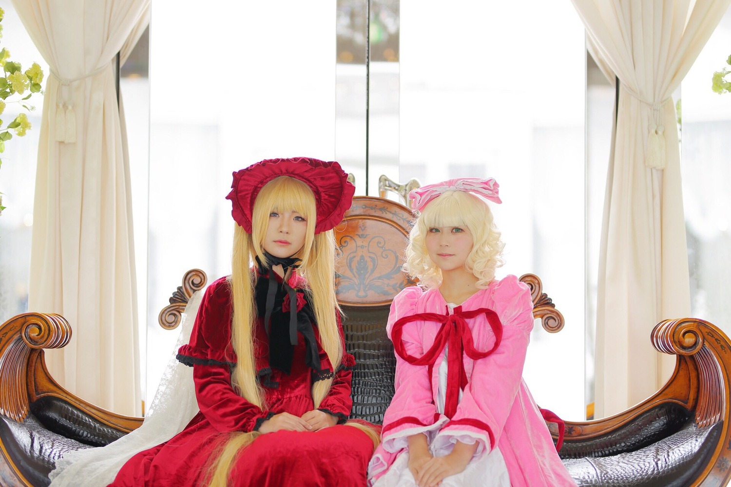 2girls blonde_hair curtains dress gloves indoors long_hair mirror multiple_cosplay multiple_girls ribbon sitting tagme window