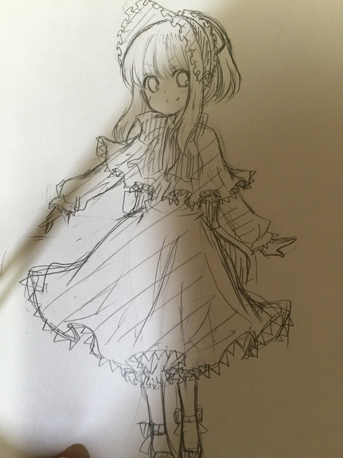 1girl alice_margatroid bow capelet dress frills full_body image looking_at_viewer monochrome shinku sketch smile solo standing traditional_media