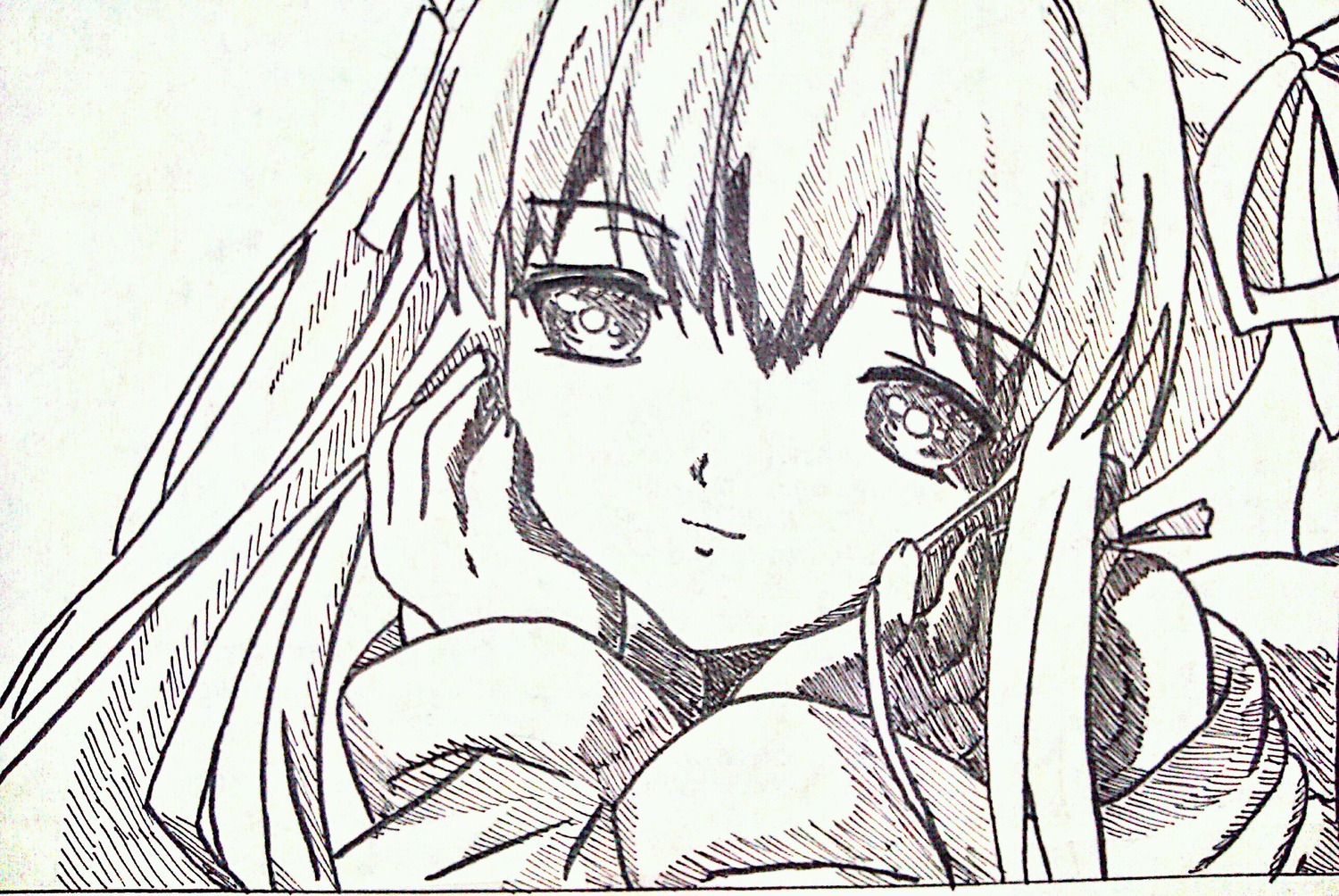 1girl eyebrows_visible_through_hair hair_ribbon image long_hair looking_at_viewer monochrome ribbon shinku smile solo traditional_media