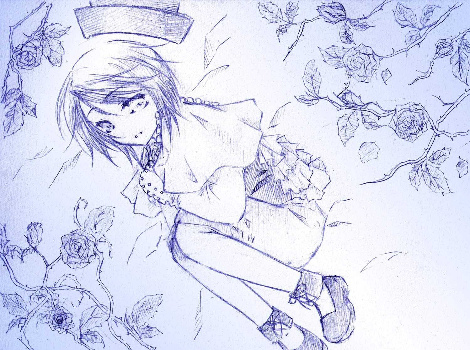 1girl black_rose blue_rose blue_theme blush bug butterfly capelet flower frills image insect long_sleeves monochrome rose short_hair solo souseiseki thorns traditional_media white_rose