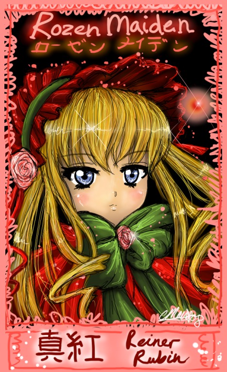 1girl blonde_hair blue_eyes blush bow dated flower image long_hair looking_at_viewer pink_rose rose shinku solo