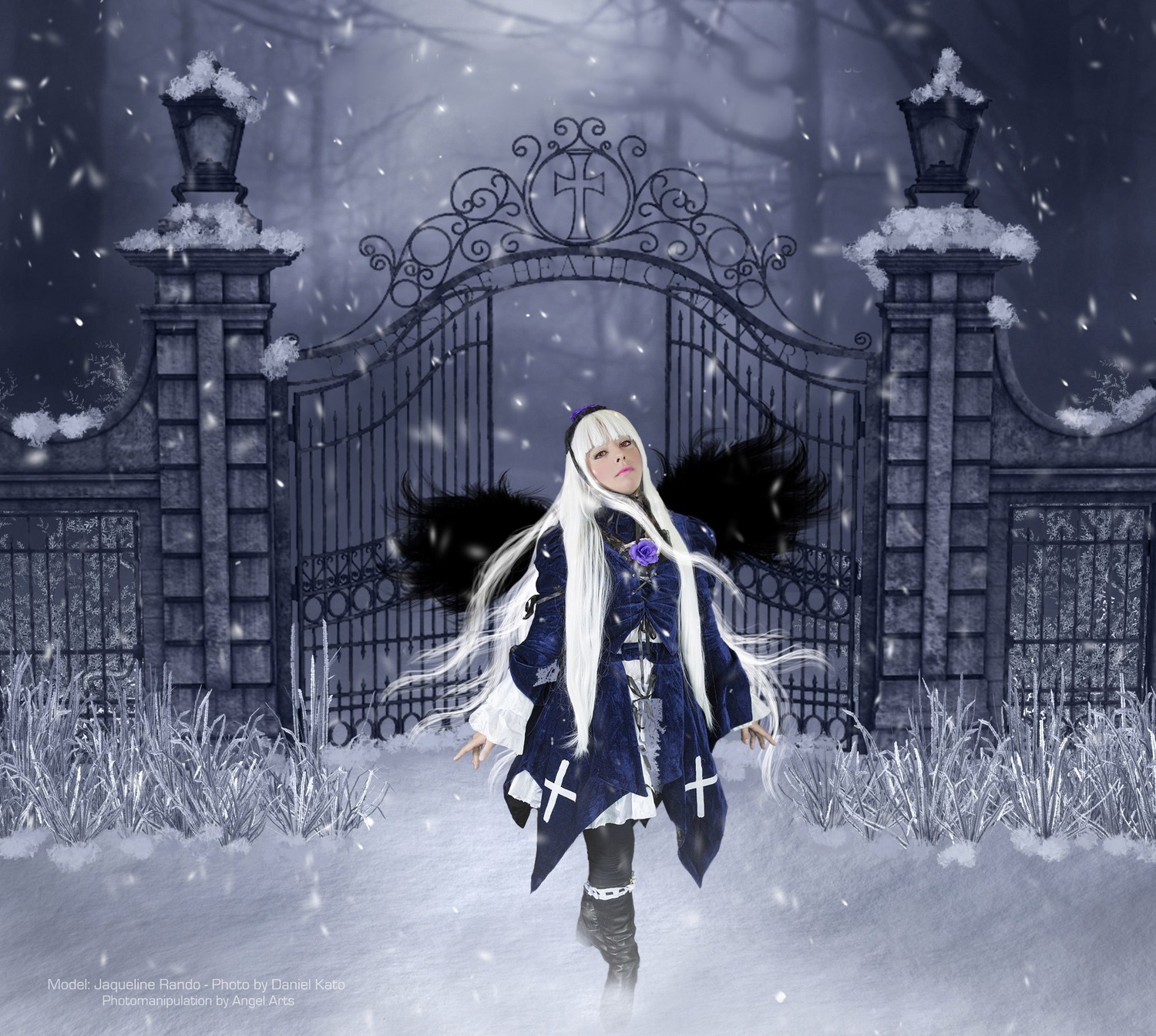 1girl architecture boots building closed_eyes hairband long_hair outdoors snow snowing solo standing suigintou white_hair wings winter