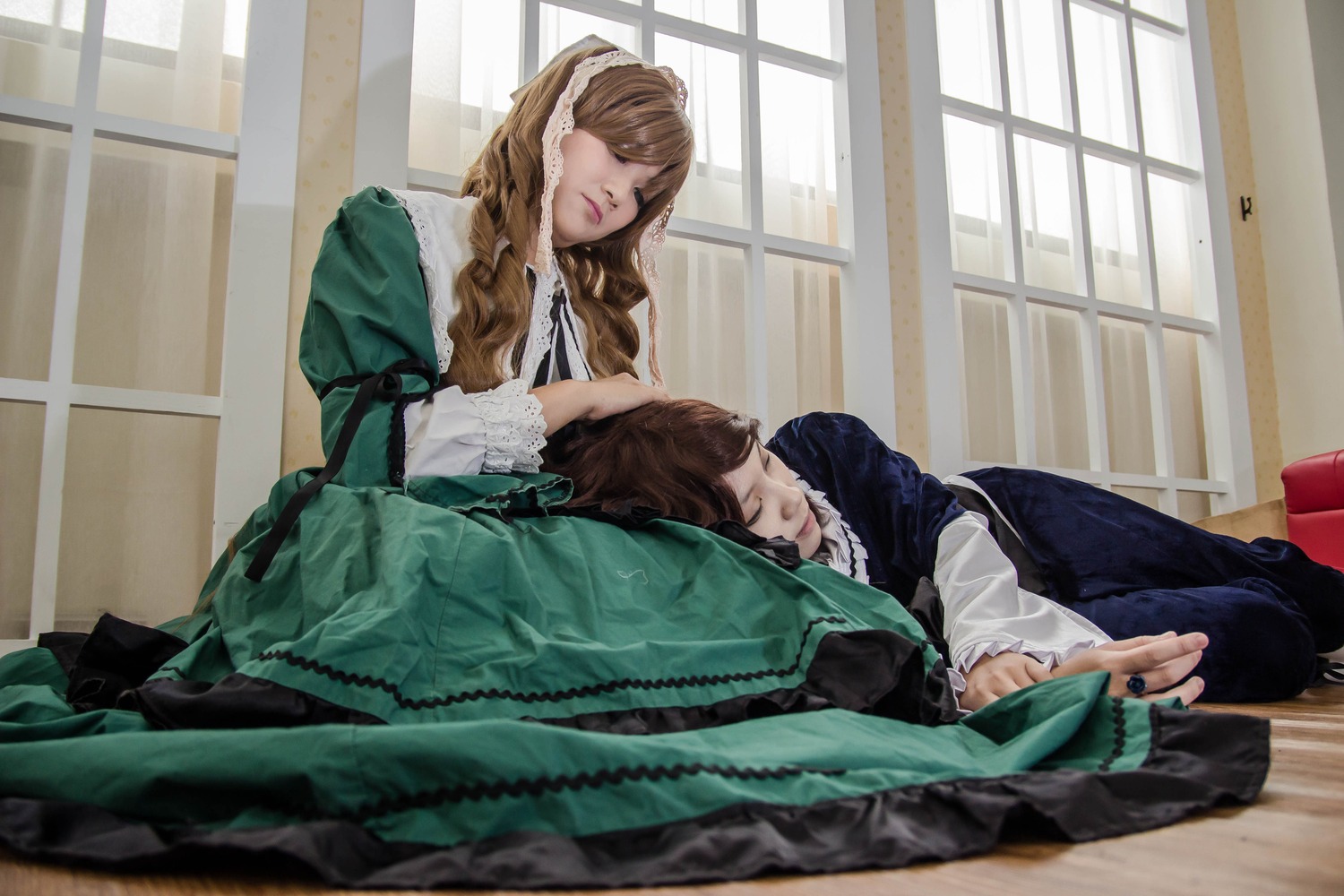 1boy 1girl brown_hair closed_eyes dress green_dress indoors long_hair long_sleeves multiple_cosplay sitting sleeping tagme window