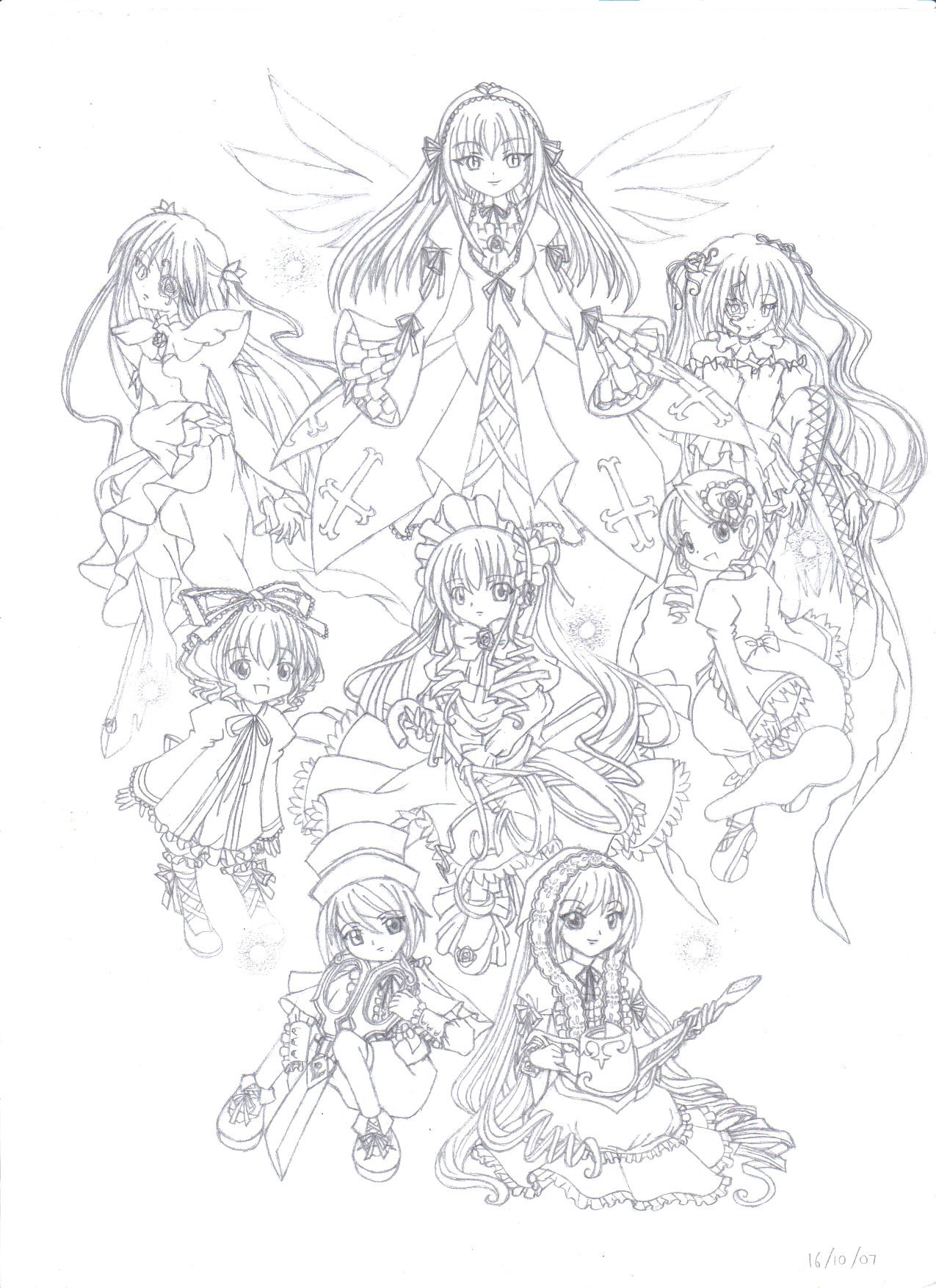 akemi_homura bow dress drill_hair feathered_wings gloves hat image long_hair magical_girl monochrome multiple multiple_girls ribbon smile tagme twin_drills weapon wings