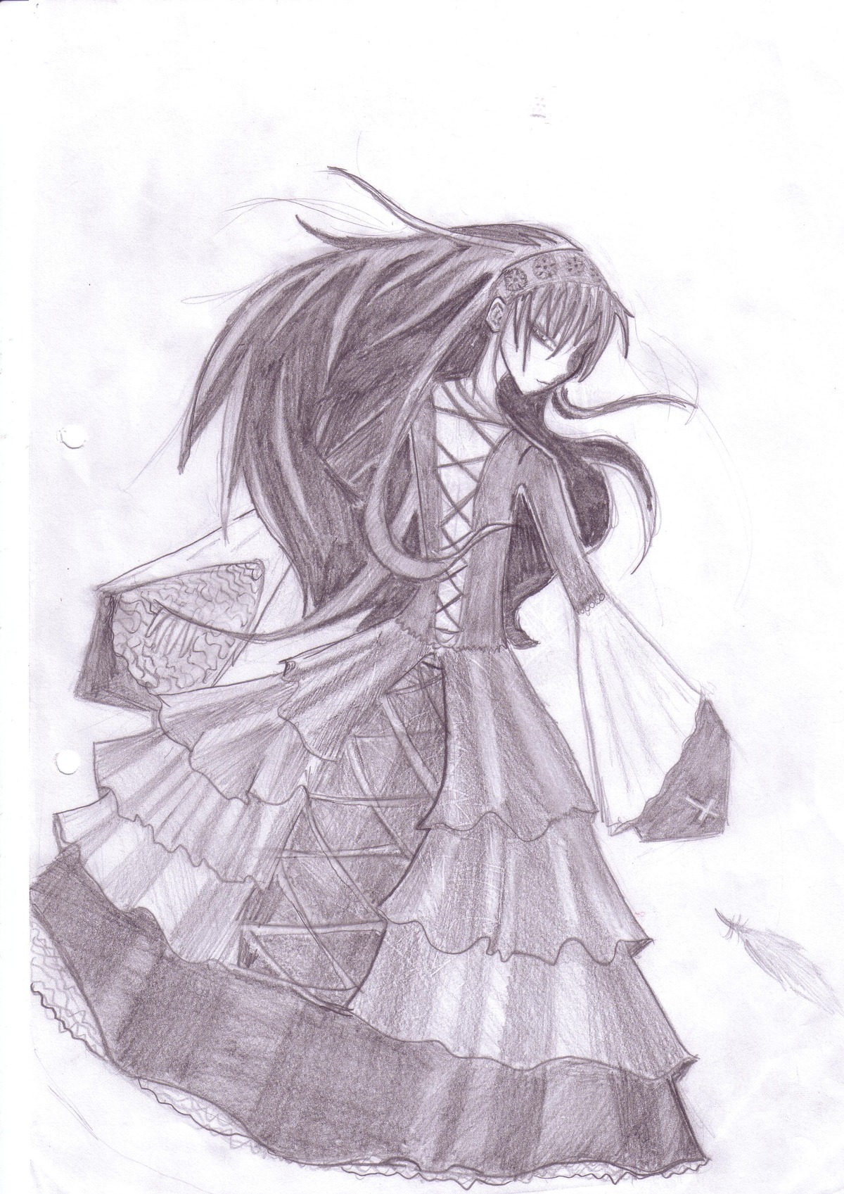 1girl akemi_homura closed_eyes dress feathers floating_hair greyscale hairband image kaname_madoka long_hair magical_girl monochrome simple_background solo suigintou witch_(madoka_magica)