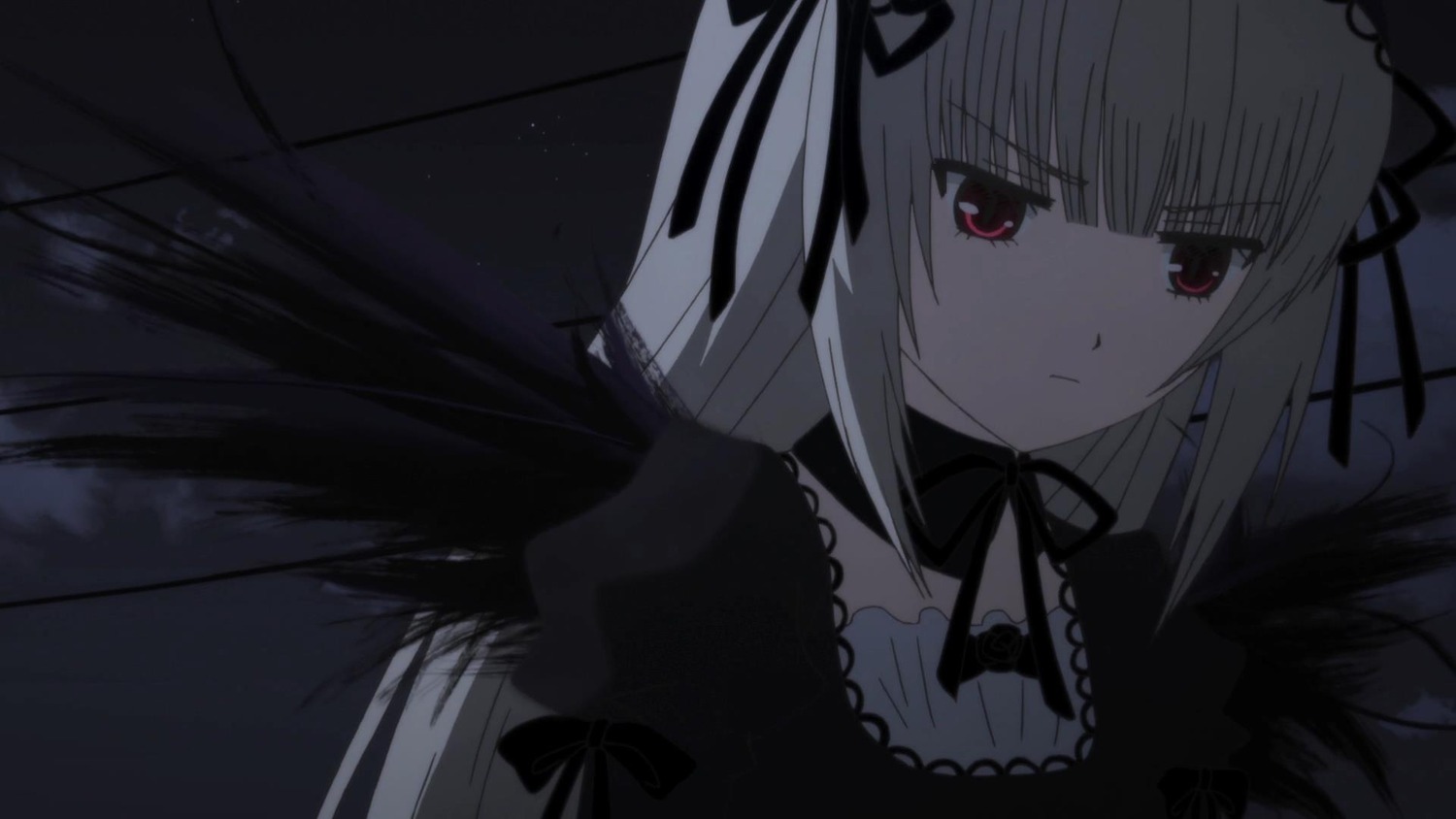 1girl bangs black_ribbon closed_mouth dress frills hair_ribbon hairband image long_hair long_sleeves looking_at_viewer red_eyes ribbon silver_hair solo suigintou upper_body