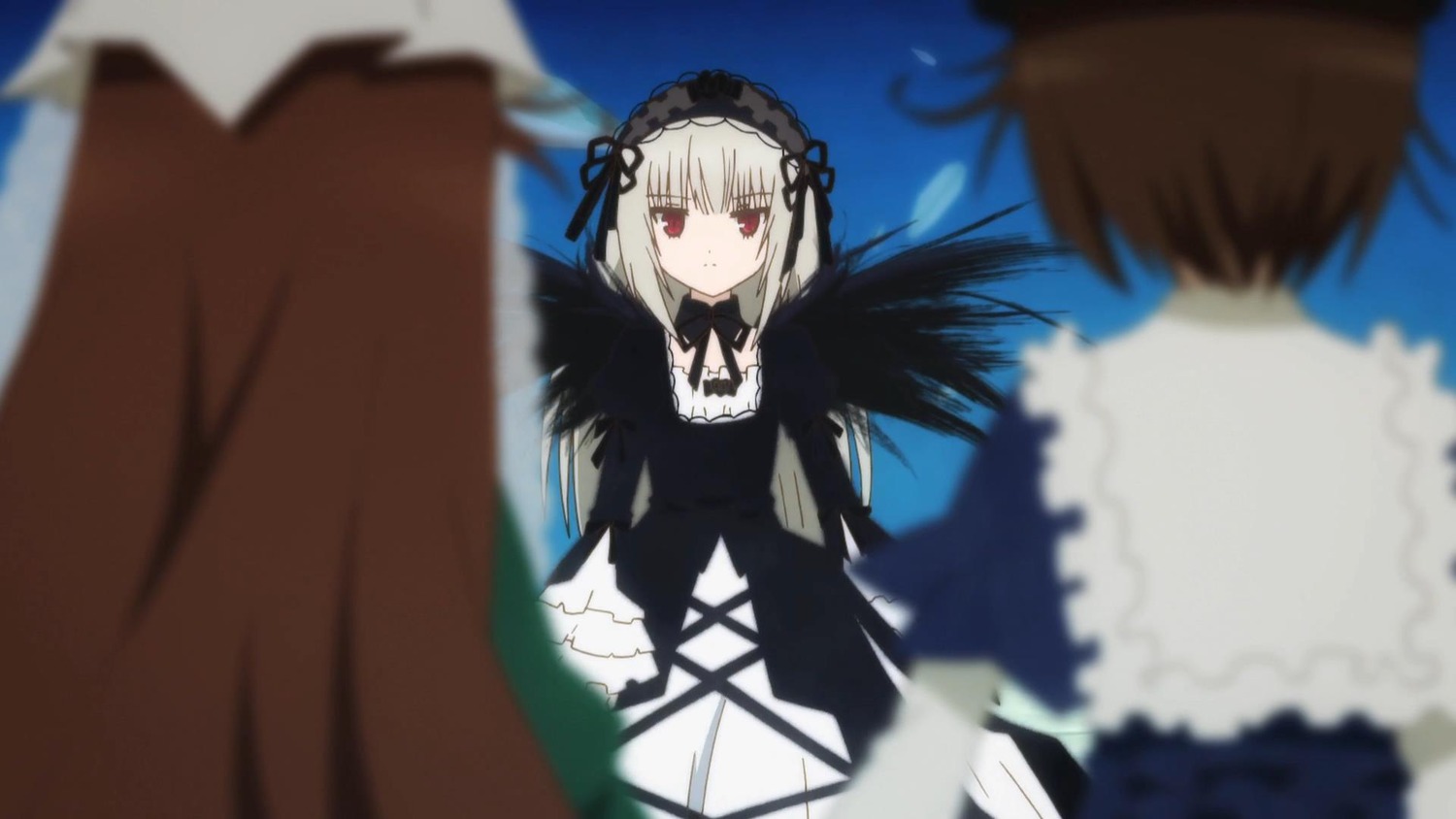 1boy 1girl black_dress black_wings blurry blurry_background blurry_foreground brown_hair depth_of_field dress gothic_lolita hairband image lolita_fashion long_hair long_sleeves motion_blur multiple red_eyes ribbon silver_hair suigintou tagme wings