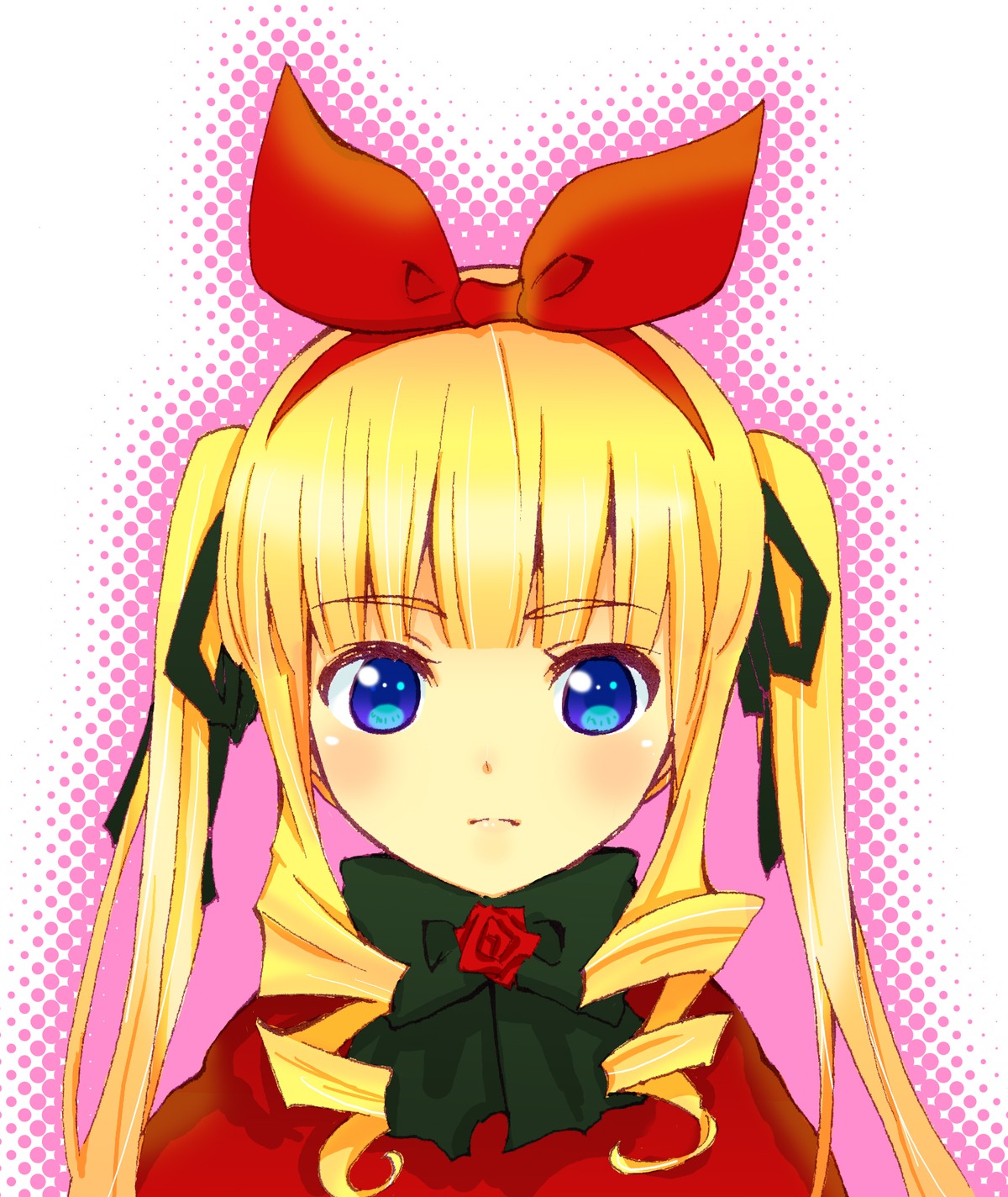 1girl blonde_hair blue_eyes blush bow bowtie drill_hair flower hair_ribbon halftone halftone_background image long_hair looking_at_viewer polka_dot polka_dot_background ribbon rose shinku sidelocks solo twintails