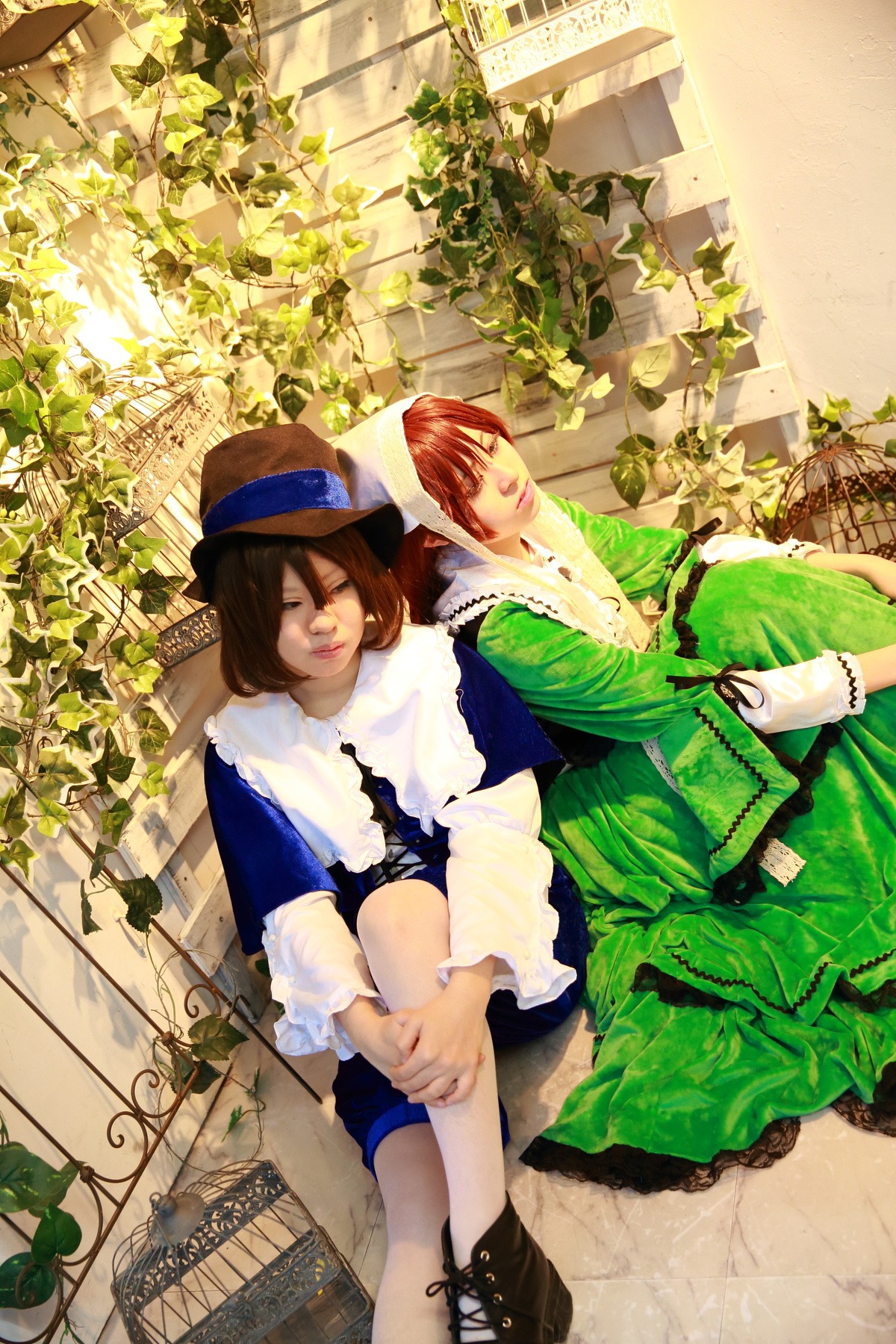 boots brown_hair closed_eyes dress hat head_scarf ivy multiple_cosplay plant potted_plant sitting tagme vines