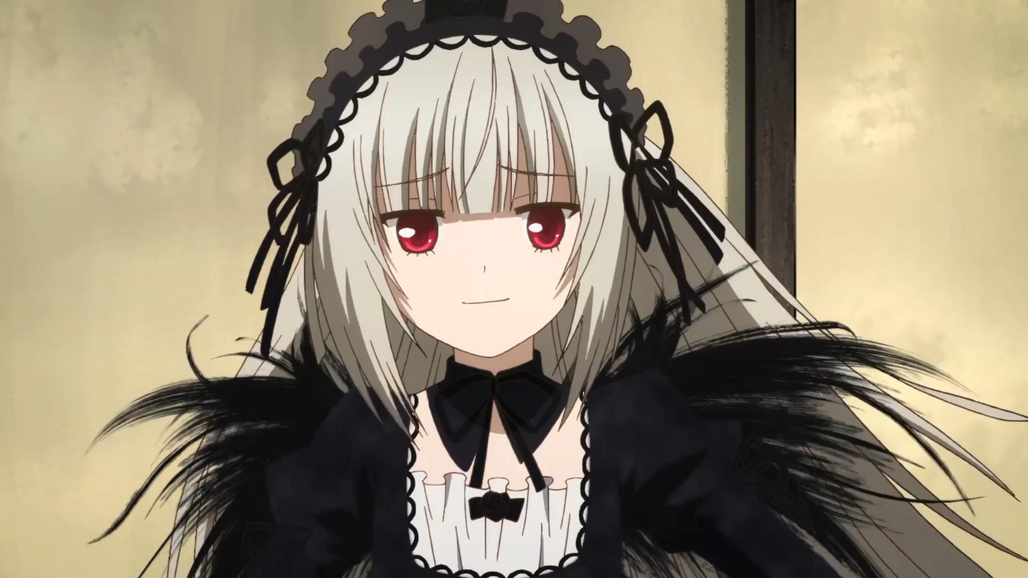 1girl auto_tagged black_ribbon black_wings closed_mouth detached_collar dress hairband image long_hair long_sleeves looking_at_viewer red_eyes ribbon silver_hair smile solo suigintou wings