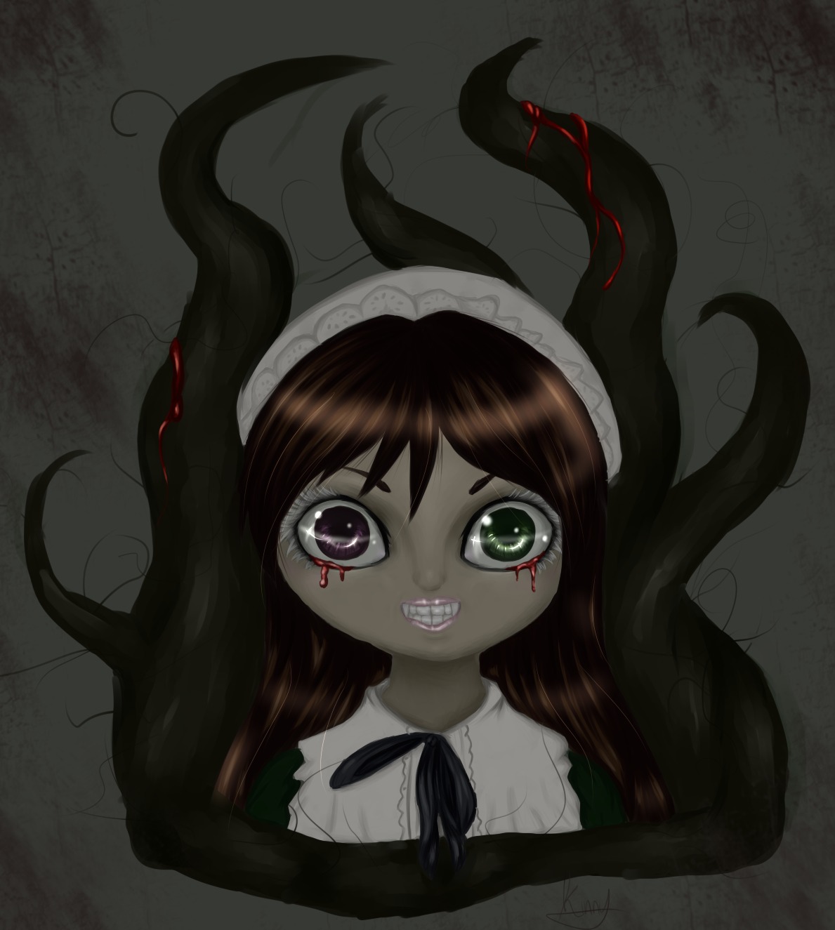 1girl blood brown_hair green_eyes horror_(theme) image long_hair maid_headdress ribbon solo suiseiseki teeth