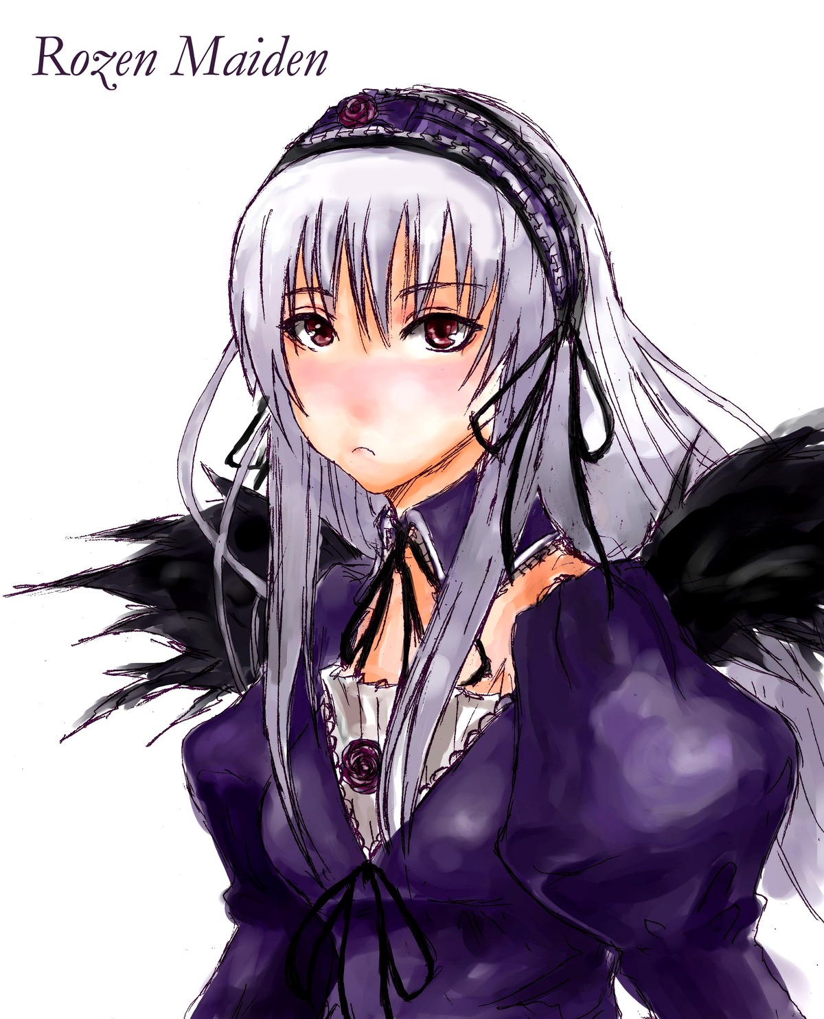 1girl black_wings blush cross-laced_clothes detached_collar dress flower frills hairband image juliet_sleeves long_hair long_sleeves looking_at_viewer pink_eyes puffy_sleeves silver_hair simple_background solo suigintou upper_body white_background wings