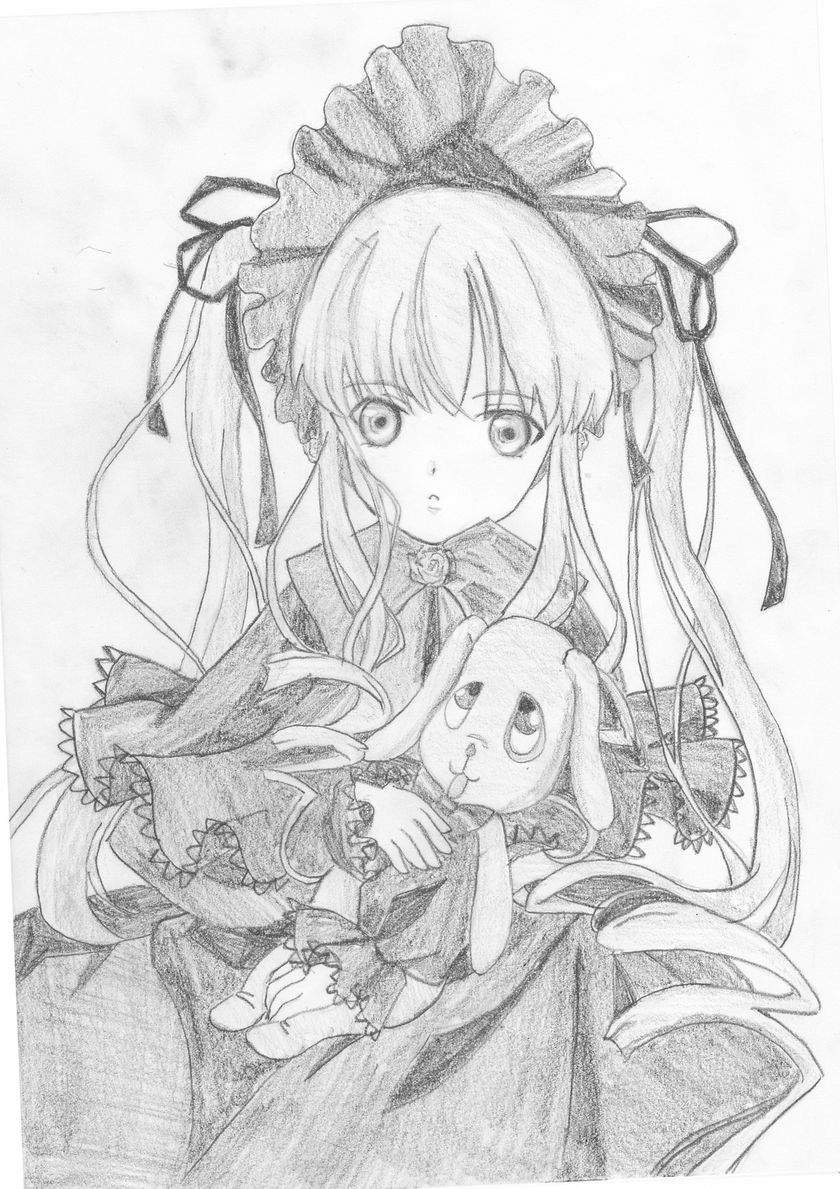 1girl bonnet dress drill_hair frills greyscale holding image lolita_fashion long_hair long_sleeves looking_at_viewer monochrome shinku solo stuffed_animal traditional_media twin_drills twintails very_long_hair