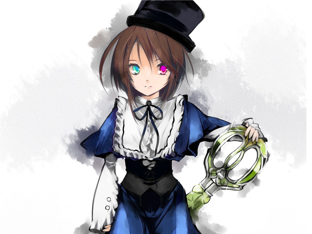 1girl blue_dress brown_hair dress green_eyes hat heterochromia image long_sleeves looking_at_viewer red_eyes ribbon short_hair solo souseiseki top_hat