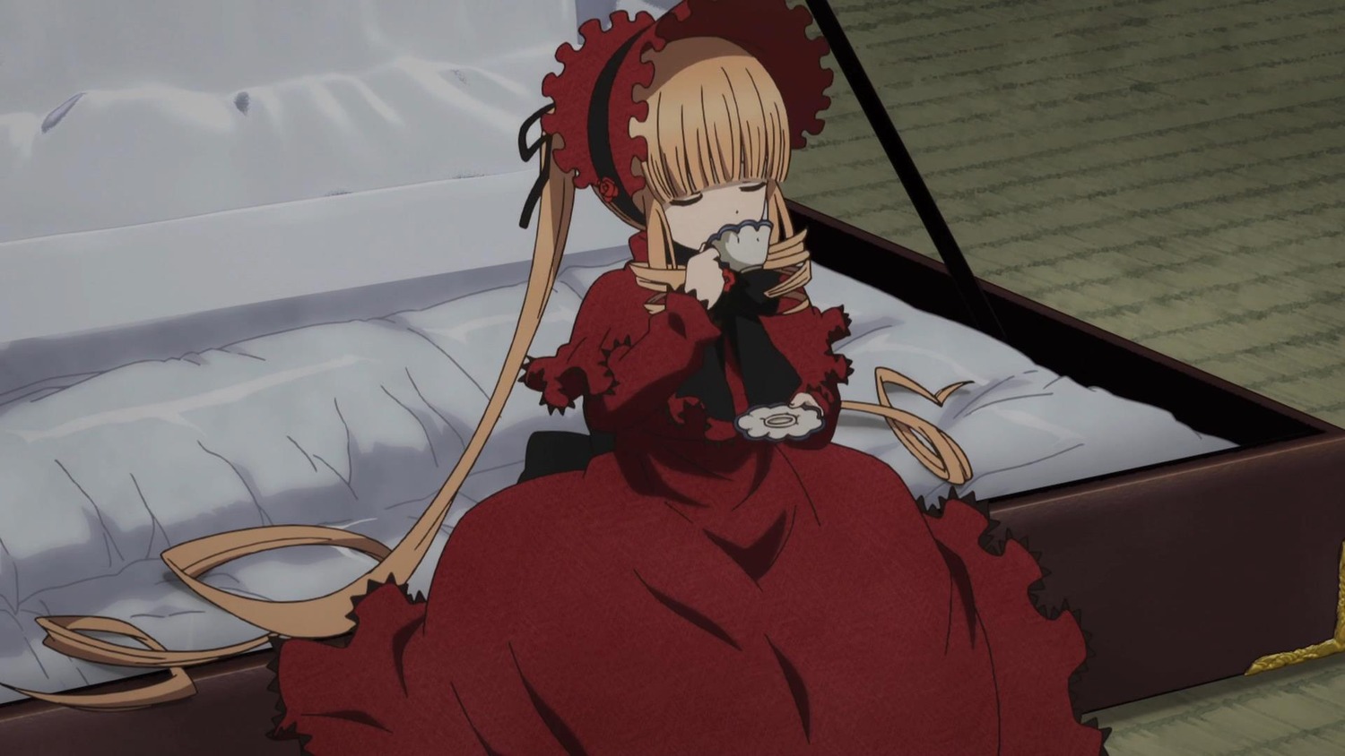 1girl blonde_hair bonnet bow cup dress image long_hair long_sleeves red_dress shinku sleeping solo teacup twintails very_long_hair