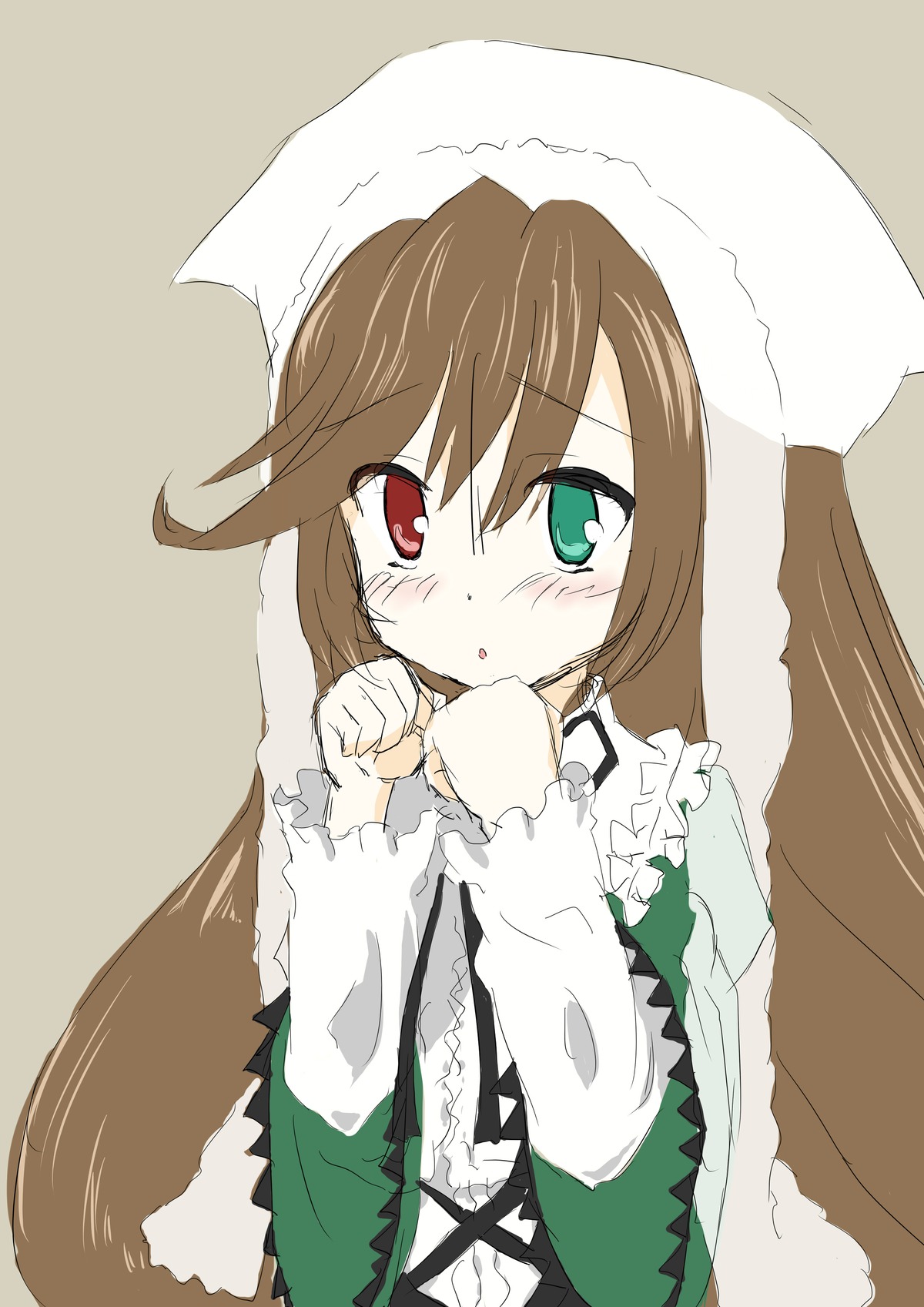 1girl :o blush brown_hair dress frills green_dress green_eyes hat head_scarf heterochromia image long_hair long_sleeves red_eyes simple_background solo suiseiseki very_long_hair