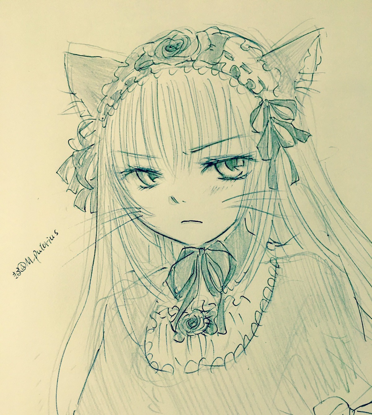 1girl animal_ears blush cat_ears closed_mouth flower image lolita_hairband long_hair monochrome ribbon rose simple_background solo suigintou traditional_media upper_body