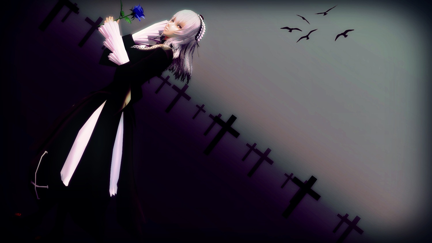 1girl bird black_dress bouquet cross dress flower holding image long_hair rifle rose silver_hair solo suigintou