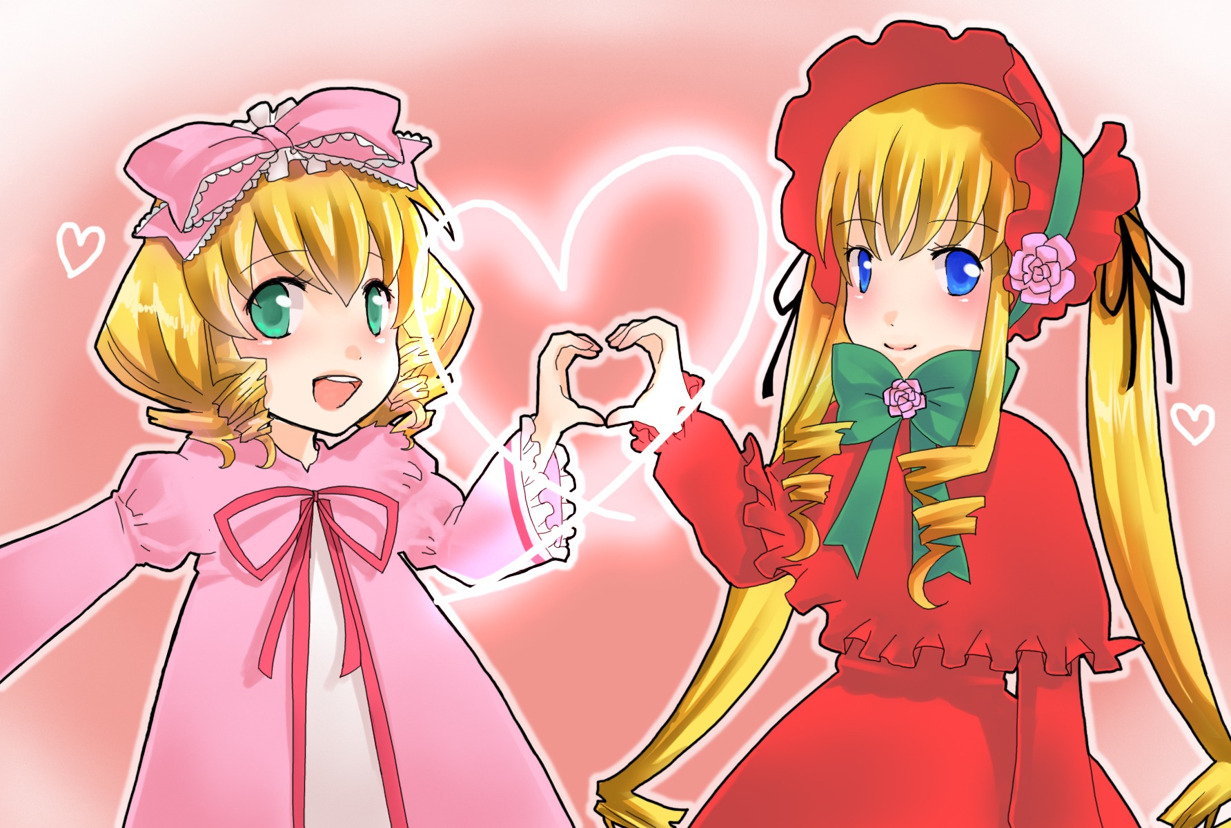 2girls blonde_hair blue_eyes blush bonnet bow dress drill_hair heart heart_background heart_hands heart_hands_duo hina_ichigo hinaichigo image long_hair long_sleeves looking_at_viewer multiple_girls open_mouth pair pink_bow shinku smile twintails