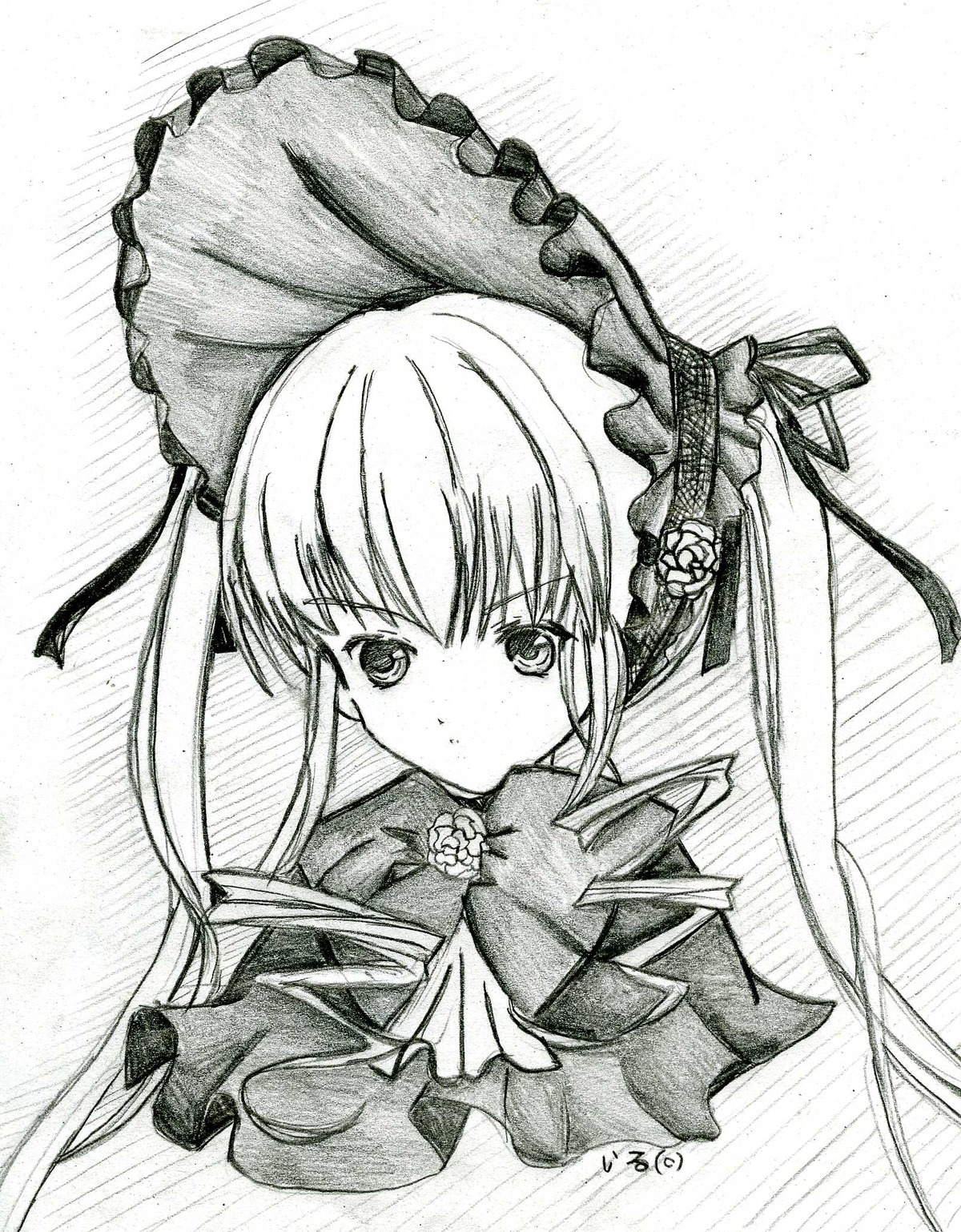 1girl blush bonnet dress flower frills greyscale hat image long_hair looking_at_viewer monochrome shinku simple_background solo traditional_media twintails white_background