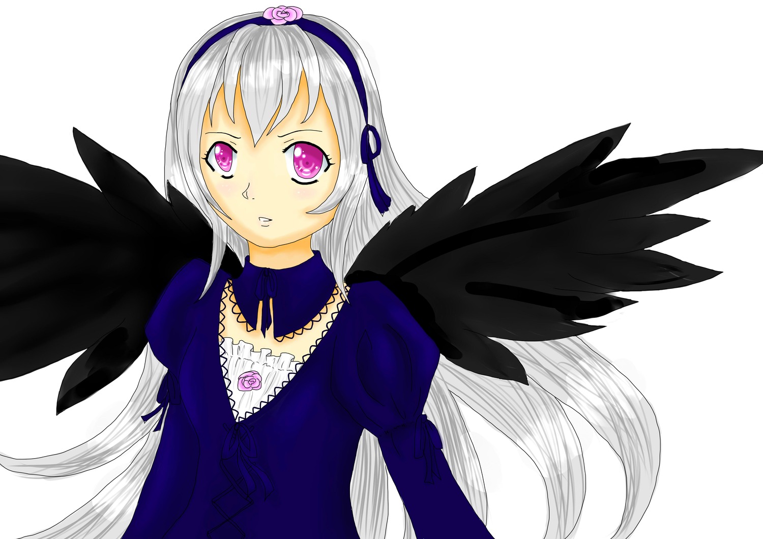 1girl black_wings dress feathered_wings flower hairband image juliet_sleeves long_hair long_sleeves looking_at_viewer pink_eyes puffy_sleeves silver_hair solo striped striped_background suigintou upper_body white_background wings