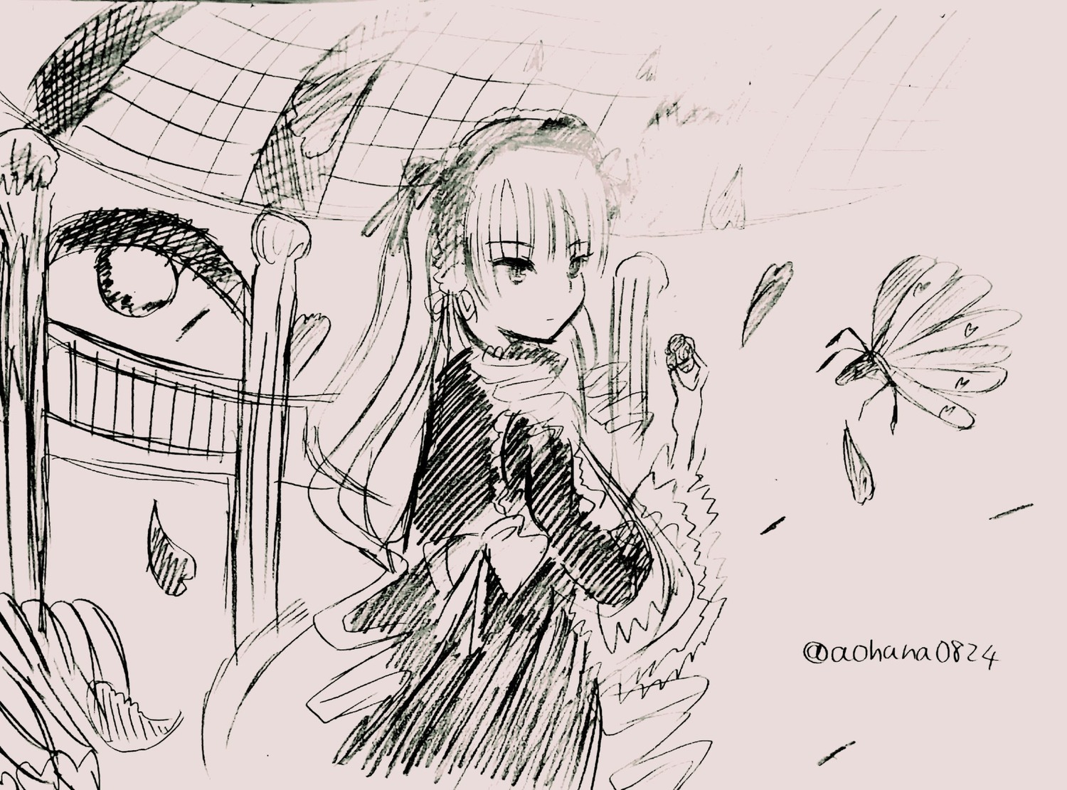 1girl bangs closed_mouth dress feathered_wings feathers flower image long_hair long_sleeves looking_at_viewer monochrome shinku solo suigintou very_long_hair wings