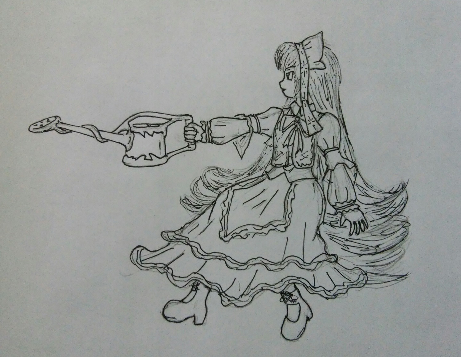 1girl boots bow dress full_body gun hair_bow holding holding_weapon image long_hair long_sleeves monochrome sketch solo suiseiseki traditional_media very_long_hair weapon