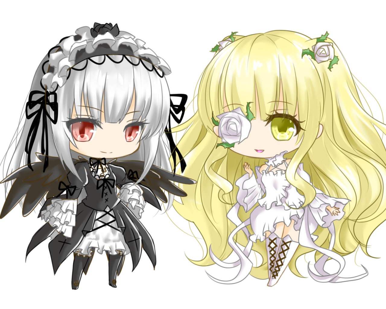 2girls bangs black_dress blonde_hair boots chibi cross-laced_footwear dress eyebrows_visible_through_hair flower frills hairband image kirakishou lolita_fashion long_hair long_sleeves multiple_girls pair red_eyes rose silver_hair smile standing striped suigintou vertical_stripes very_long_hair white_background white_dress white_flower white_footwear white_rose wings