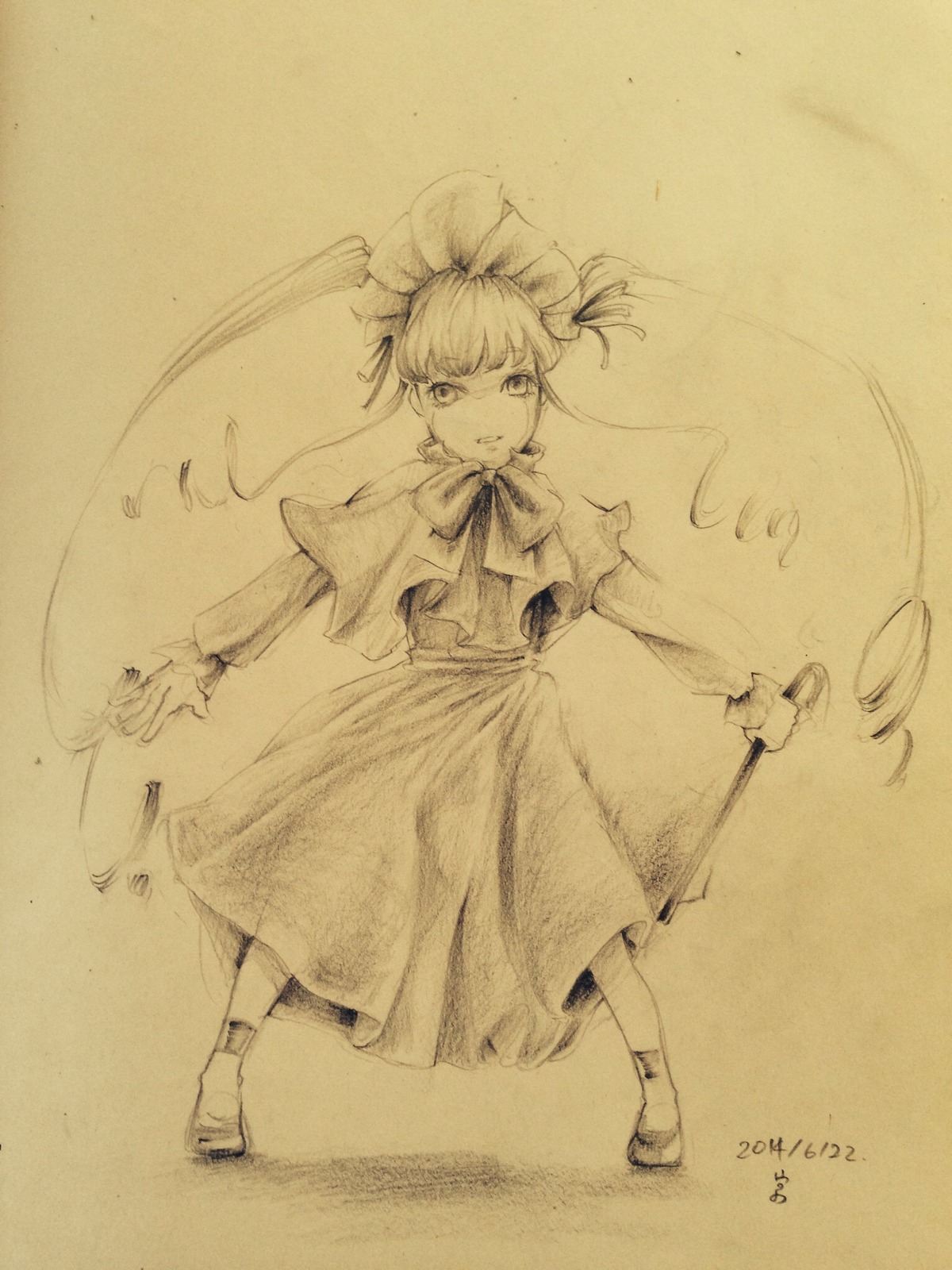 1girl dated dress full_body image long_hair monochrome shinku sketch smile solo standing traditional_media