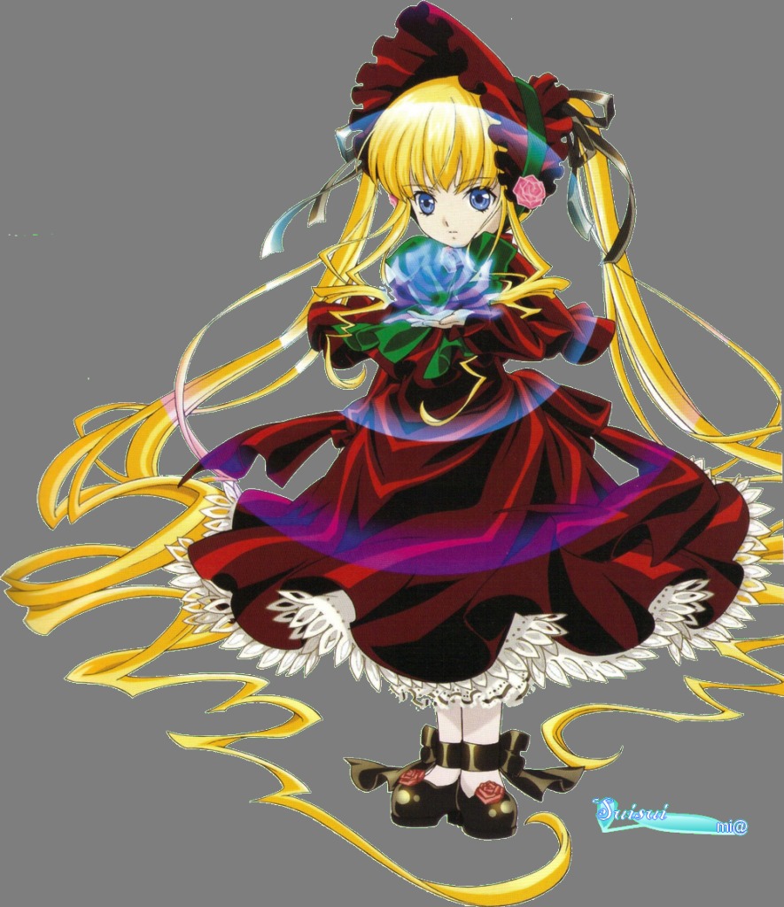 1girl blonde_hair blue_eyes bonnet bow bowtie dress flower full_body green_background green_bow image long_hair long_sleeves looking_at_viewer red_dress rose shinku solo twintails very_long_hair