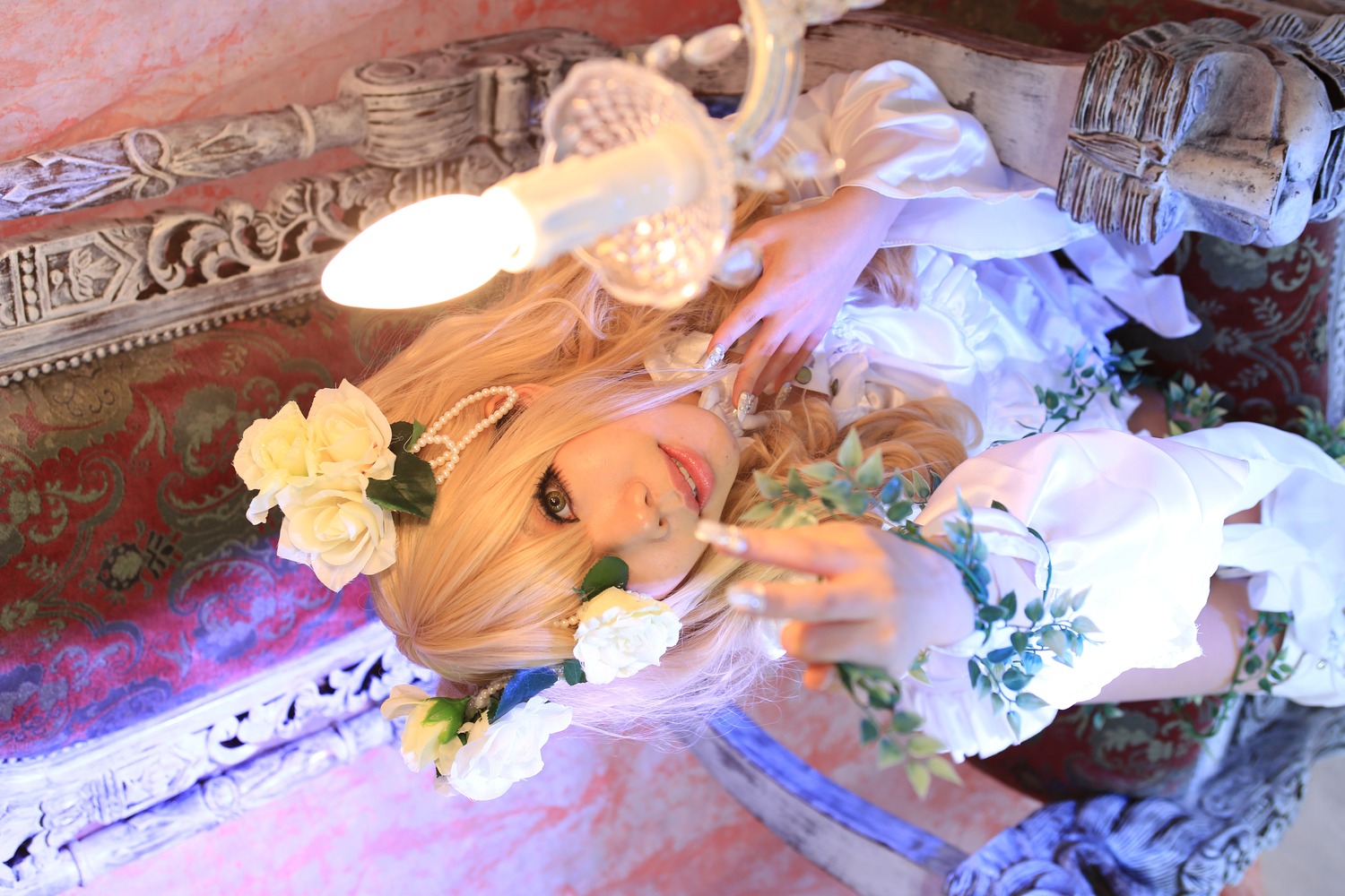 1girl blonde_hair dress flower hair_flower hair_ornament kirakishou lips long_hair solo white_flower wings