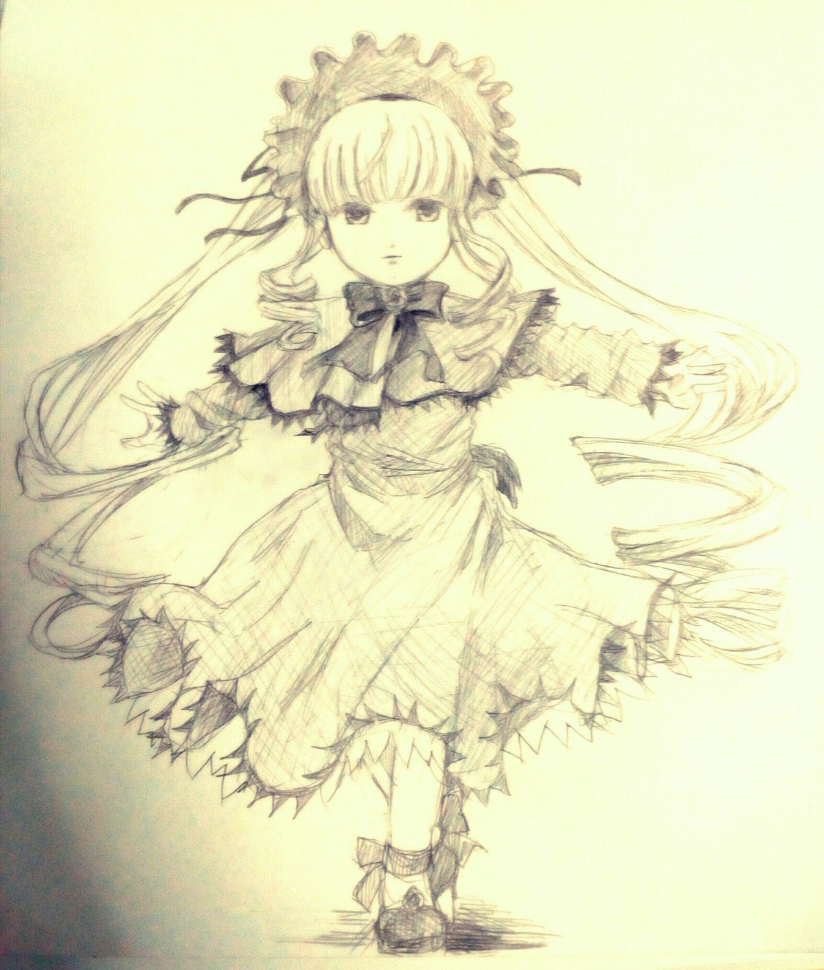 1girl bowtie dress frills full_body image long_hair long_sleeves looking_at_viewer monochrome ribbon shinku solo standing very_long_hair