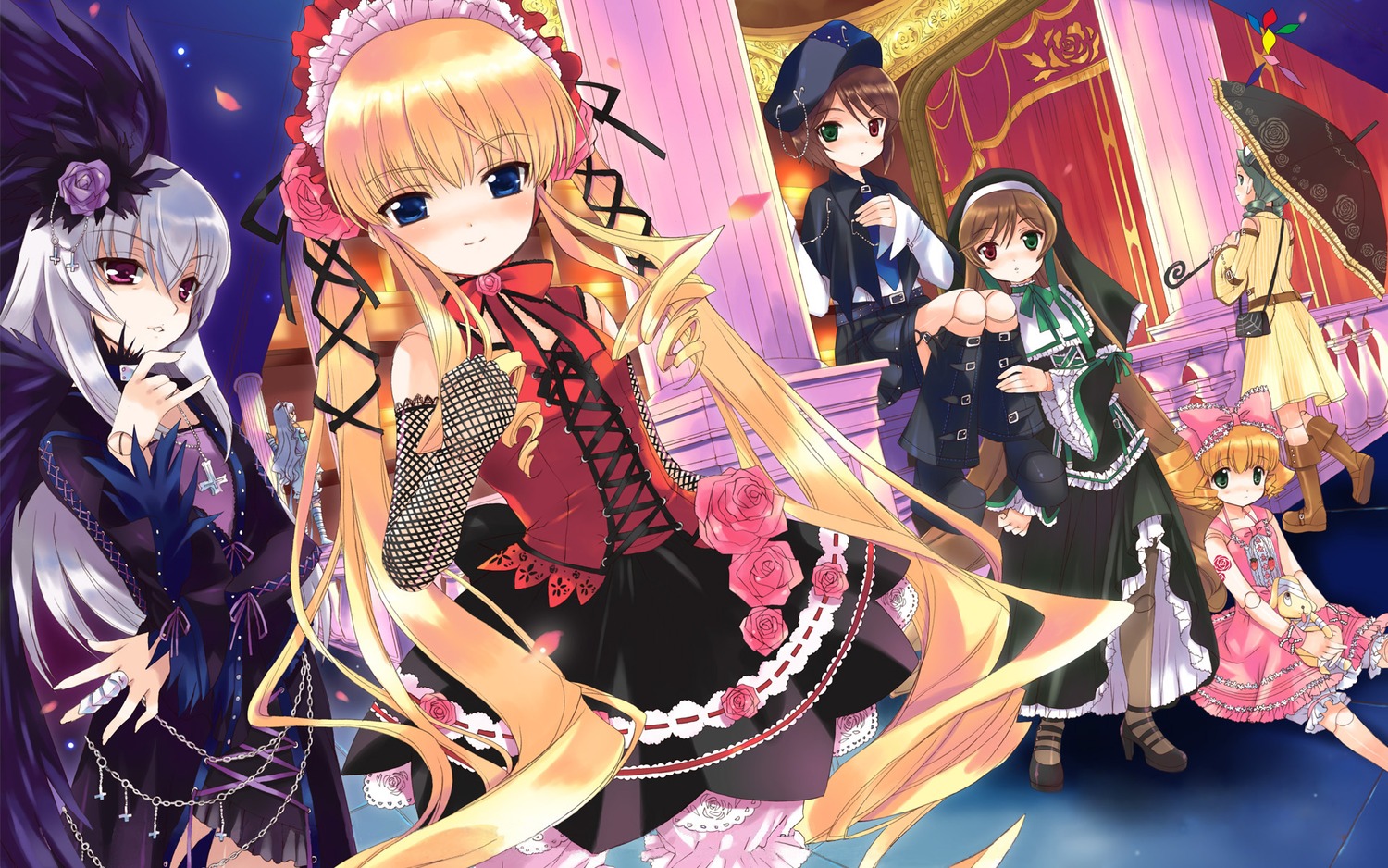 6+girls blonde_hair blue_eyes blush bow brown_hair chain cross doll doll_joints dress everyone fishnets flower flower_eyepatch god_hand_(artist) gothic_lolita green_eyes hair_flower hair_ornament hairband hat headdress heterochromia highres hina_ichigo image joints kanaria kirakishou kunkun lolita_fashion long_hair multiple multiple_girls pantyhose photoshop_(medium) pink_bow rose rozen_maiden shinku silver_hair souseiseki suigintou suiseiseki tagme twintails very_long_hair wings