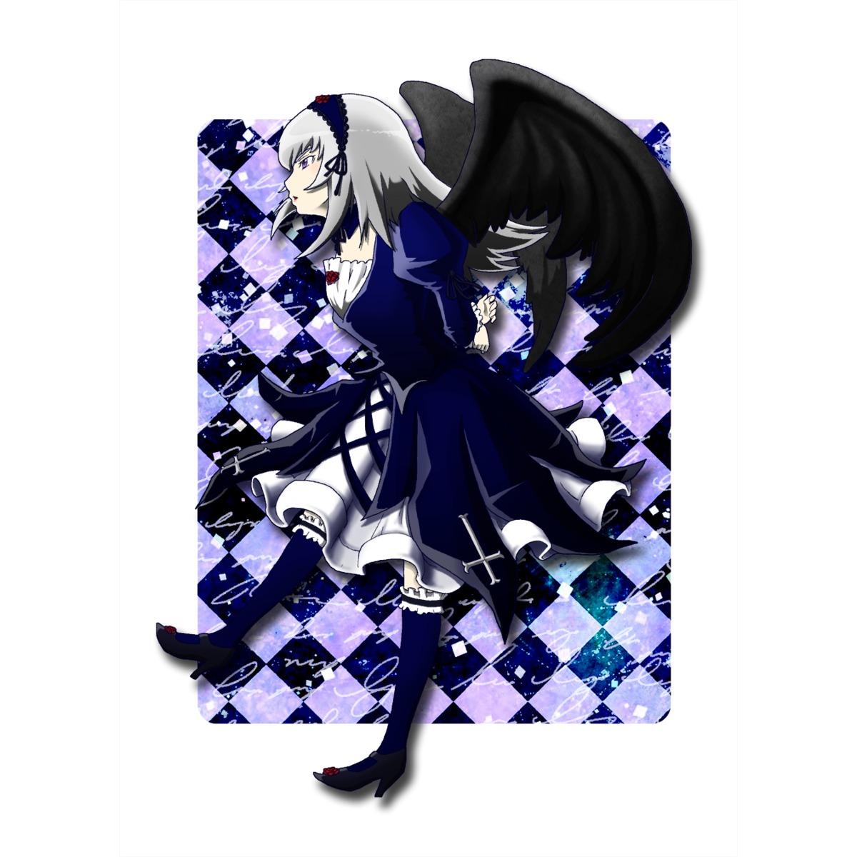 1girl argyle argyle_background argyle_legwear black_wings board_game boots checkered checkered_background checkered_floor checkered_kimono checkered_skirt chess_piece colorful diamond_(shape) dress flag floor frills hairband high_heels image lolita_hairband on_floor perspective plaid_background reflection rose silver_hair solo suigintou thighhighs tile_floor tiles vanishing_point wings