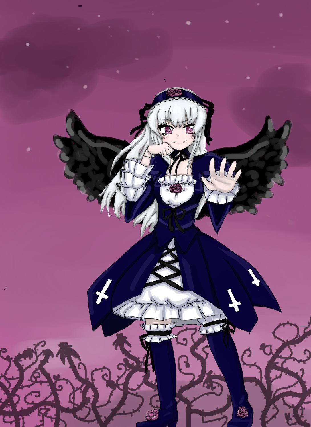 1girl black_wings dress flower frills full_body hairband image long_hair long_sleeves looking_at_viewer pink_eyes rose silver_hair smile solo standing suigintou wings