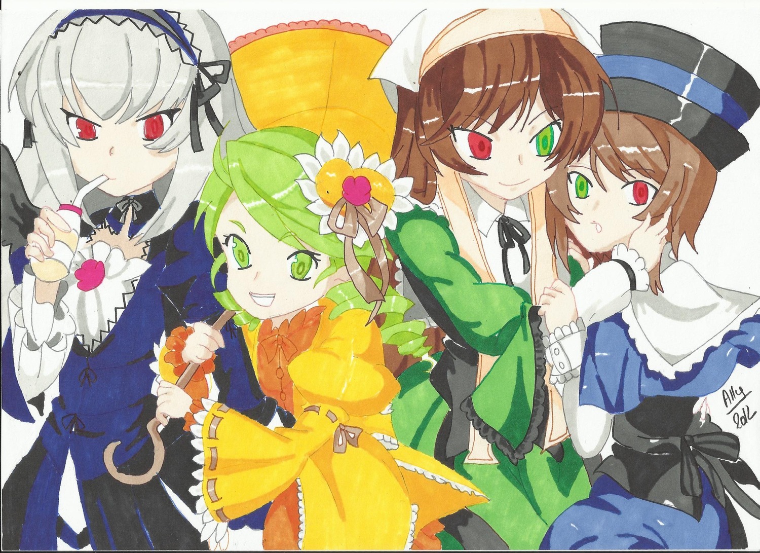 4girls blue_dress brown_hair dress frills green_dress green_eyes hairband hat head_scarf heterochromia holding image long_hair long_sleeves looking_at_viewer multiple multiple_girls red_eyes scissors short_hair siblings silver_hair sisters smile souseiseki suigintou suiseiseki tagme top_hat twins umbrella wings