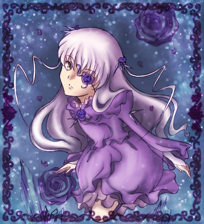 1girl barasuishou blue_flower blue_rose dress flower hair_ribbon image long_hair long_sleeves pink_rose purple_dress purple_flower purple_rose ribbon rose silver_hair solo thorns very_long_hair yellow_eyes