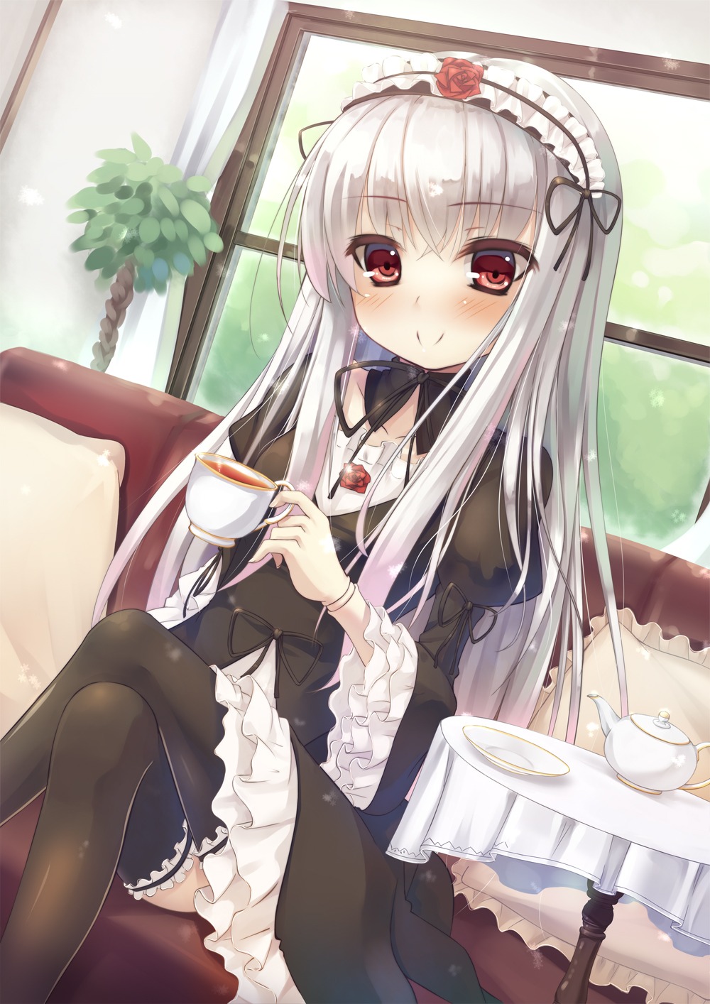 1girl asa_(swallowtail) black_legwear blush commentary_request couch crossed_legs cup doll_joints dress dutch_angle flower frills garters gothic_lolita hairband highres image joints lolita_fashion lolita_hairband long_hair looking_at_viewer photoshop_(medium) red_eyes rose rozen_maiden saucer silver_hair sitting smile solo suigintou table tea teacup teapot thighhighs window