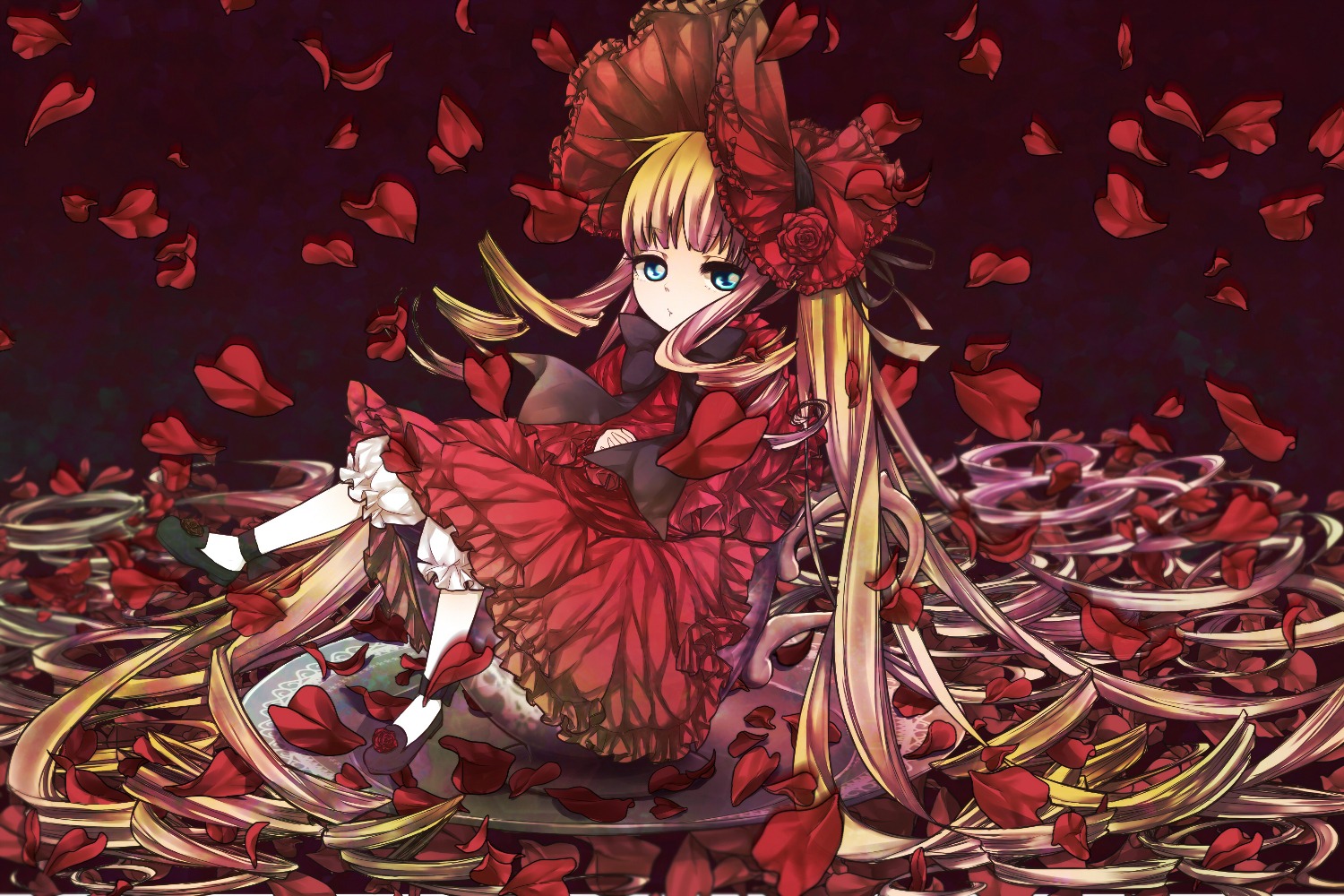 1girl blonde_hair blue_eyes bonnet bow dress flower frills image lolita_fashion long_hair petals red_dress red_flower red_rose rose rose_petals shinku sitting solo twintails very_long_hair