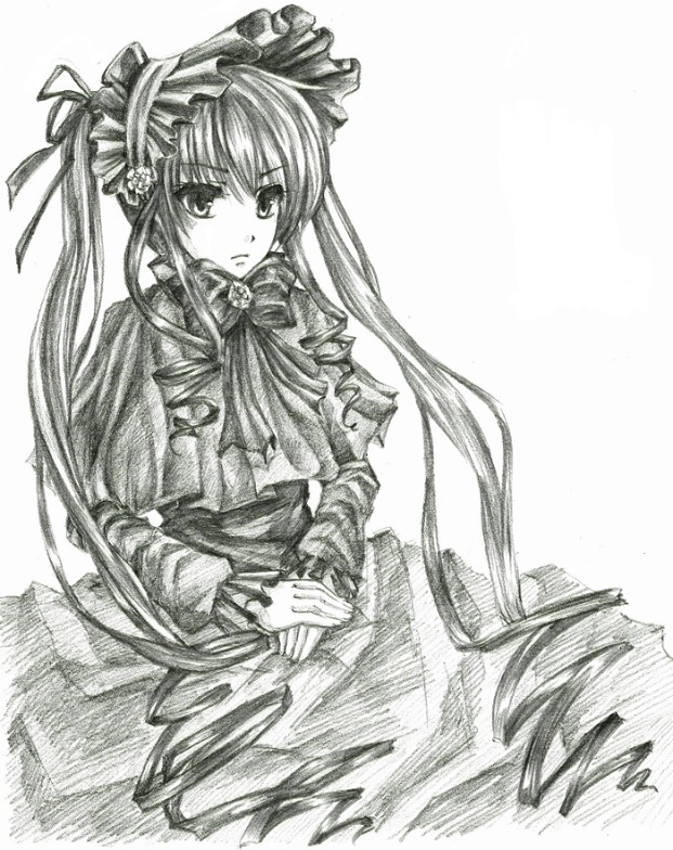 1girl bonnet bow capelet dress flower frills graphite_(medium) greyscale hat image lolita_fashion long_hair long_sleeves looking_at_viewer monochrome ribbon shinku solo traditional_media twintails very_long_hair