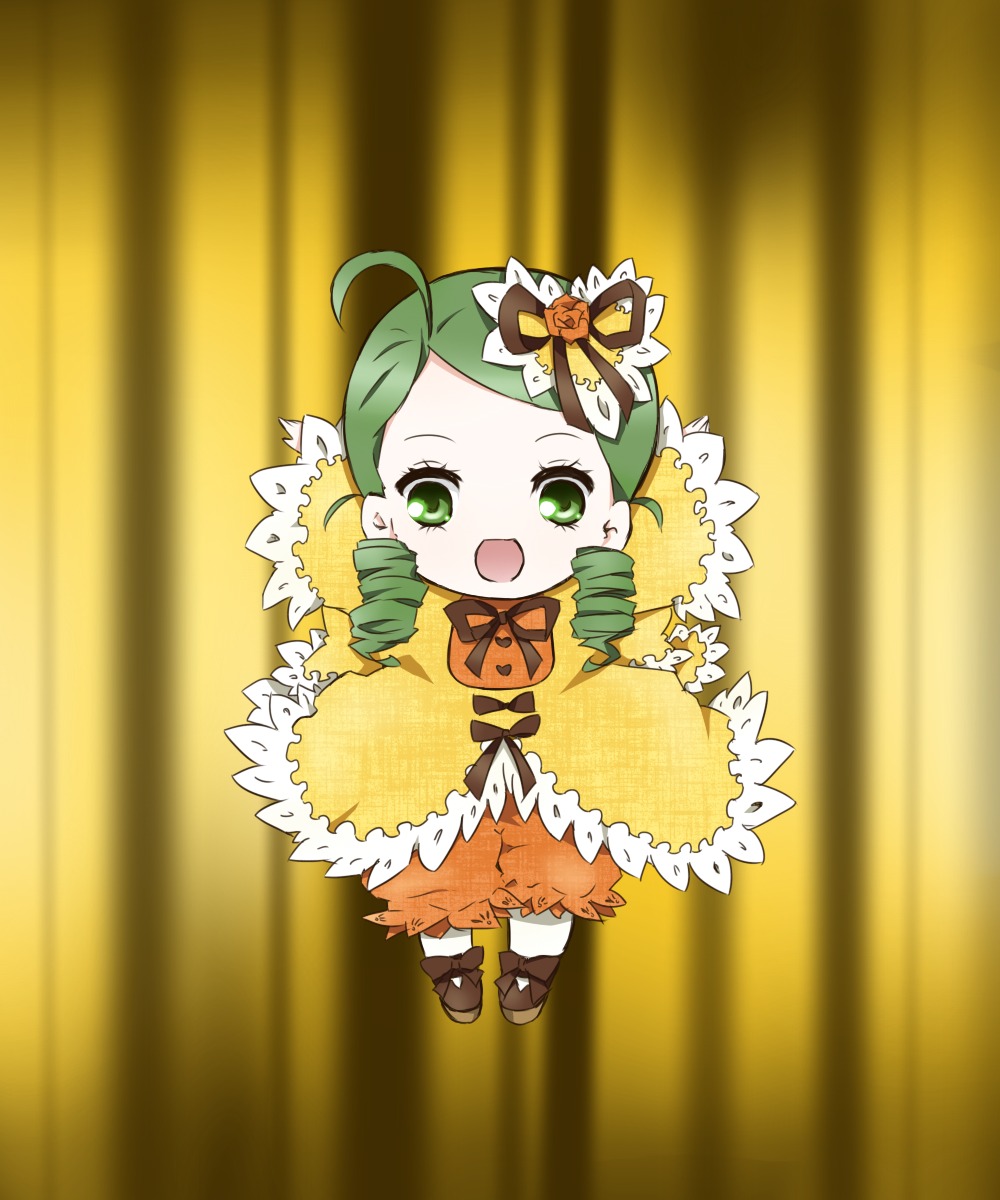 1girl :d ahoge dress drill_hair flower frills full_body green_eyes green_hair hair_ornament image kanaria long_sleeves open_mouth smile solo twin_drills