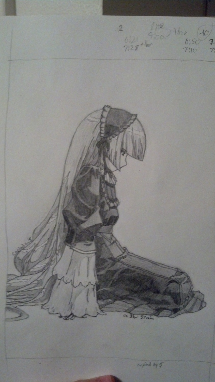 1girl armor auto_tagged gauntlets image long_hair monochrome photo profile sitting sketch solo suigintou traditional_media very_long_hair