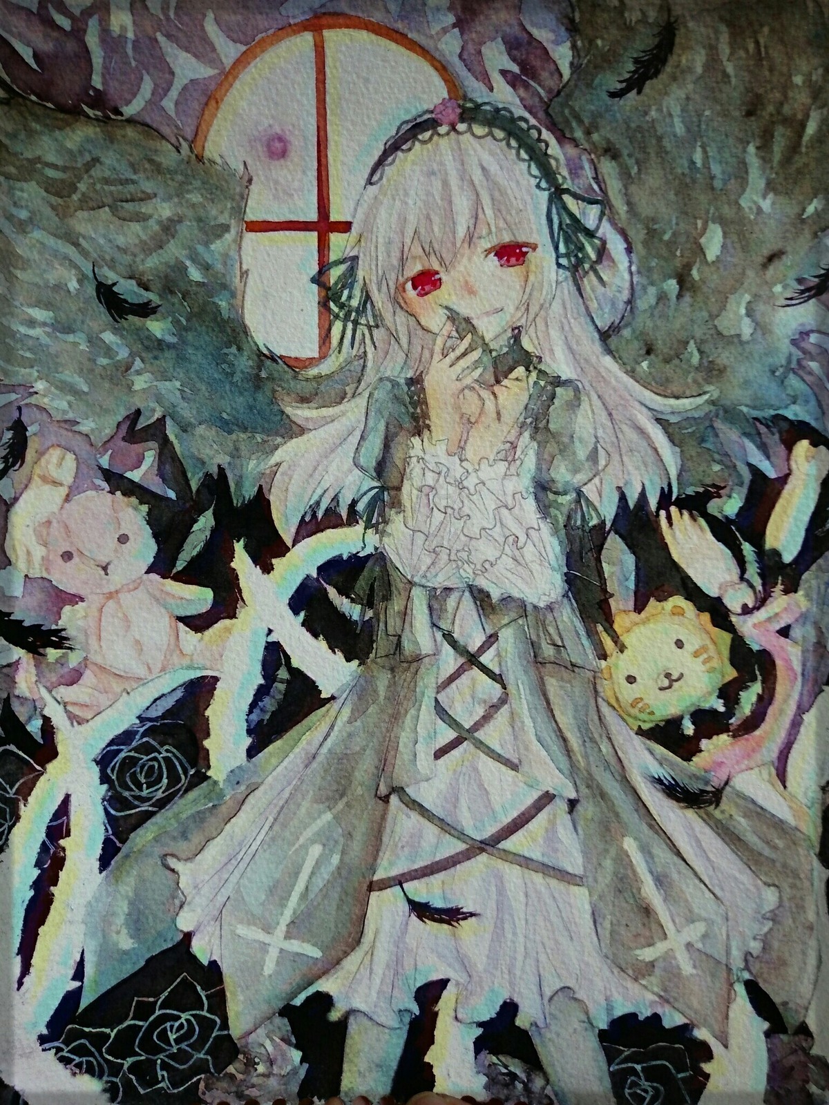 1girl dress feathers flower frills hairband image lolita_hairband long_hair long_sleeves looking_at_viewer red_eyes rose smile solo suigintou traditional_media watercolor_(medium) wings