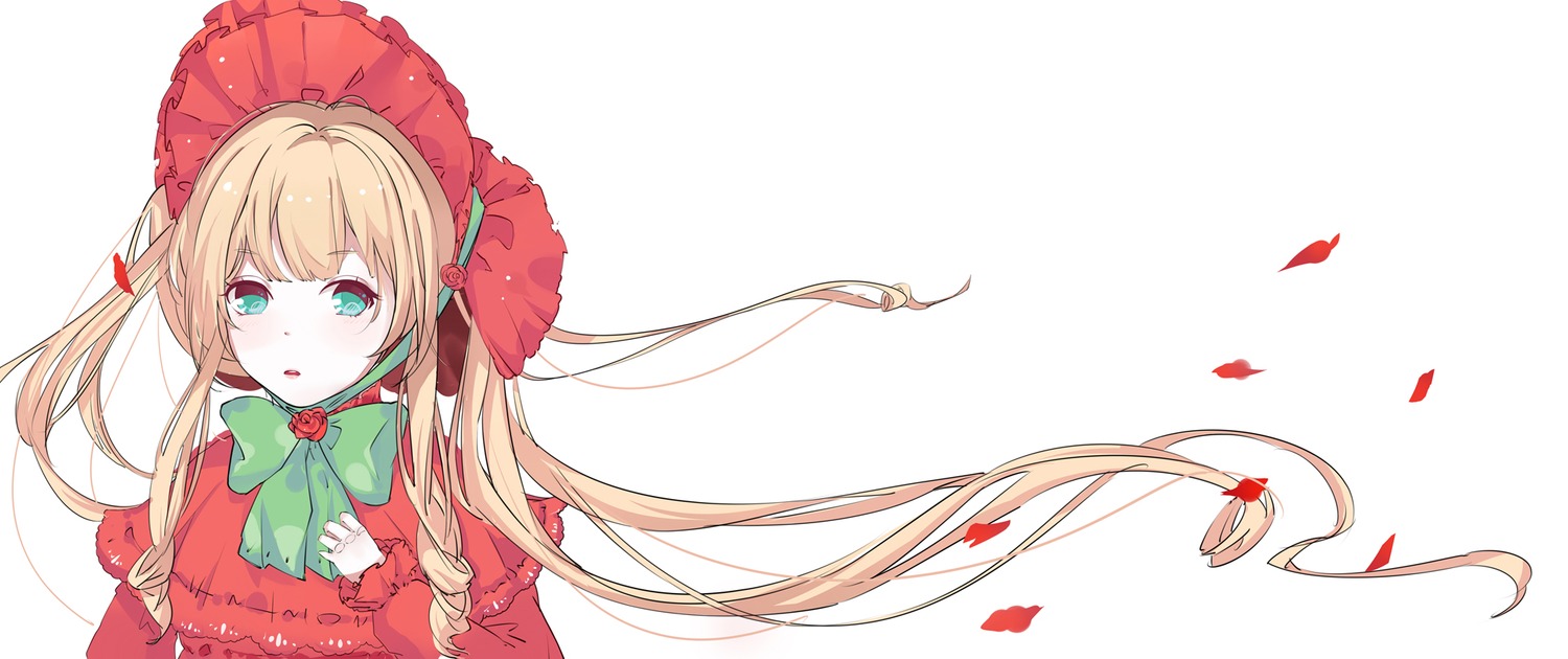 1girl blonde_hair blush bonnet bow bowtie dress flower green_bow green_neckwear image long_hair looking_at_viewer petals red_capelet red_dress shinku simple_background solo striped very_long_hair white_background