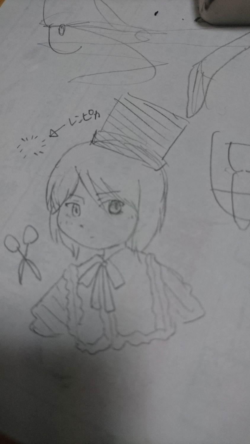 1girl hat image monochrome neck_ribbon ribbon short_hair sketch solo souseiseki traditional_media