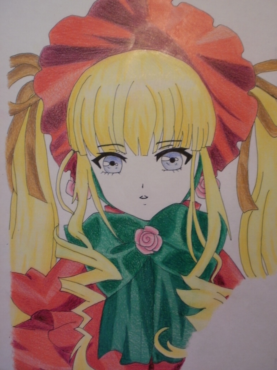 1girl bangs blonde_hair blue_eyes bonnet bow bowtie drill_hair eyebrows_visible_through_hair flower green_bow image long_hair looking_at_viewer marker_(medium) photo pink_rose red_capelet red_dress rose shinku sidelocks simple_background solo traditional_media twintails upper_body