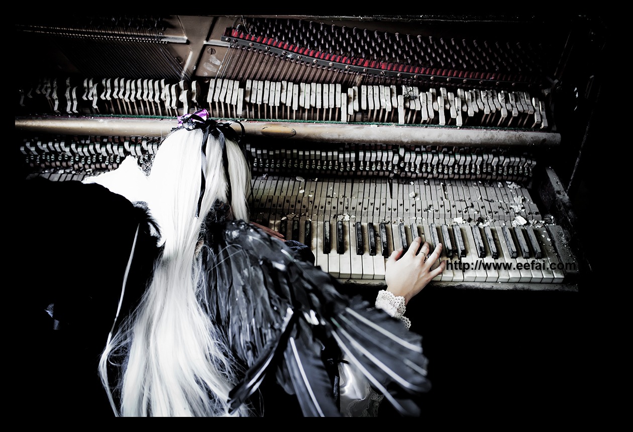 1girl bird black_background cage dress guitar instrument letterboxed long_hair long_sleeves music piano playing_instrument skeleton solo suigintou