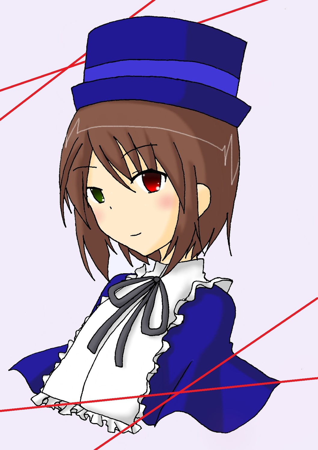 1girl blue_dress blush brown_hair collar dress frills green_eyes hat heterochromia image long_sleeves looking_at_viewer red_eyes ribbon short_hair solo souseiseki top_hat upper_body