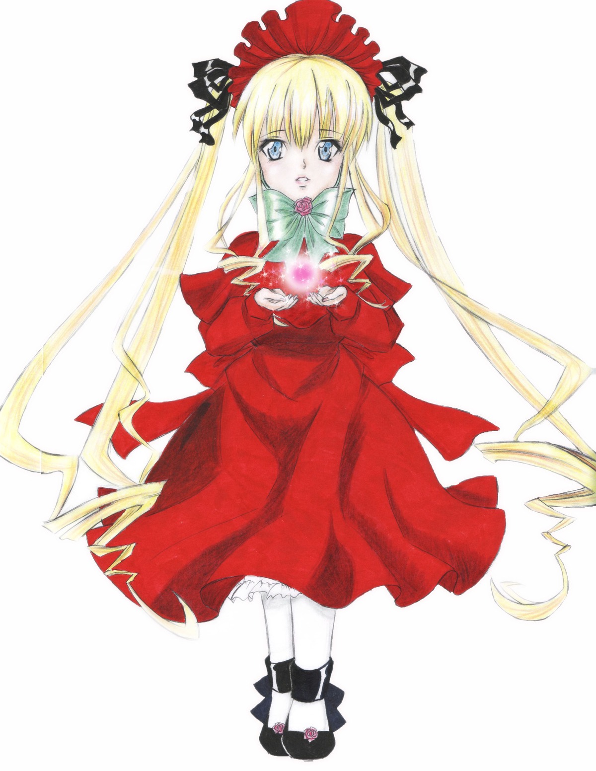 1girl auto_tagged black_footwear blonde_hair blue_eyes bonnet bow bowtie dress flower full_body green_bow image long_hair long_sleeves looking_at_viewer red_dress shinku shoes sidelocks simple_background solo standing striped twintails very_long_hair white_legwear