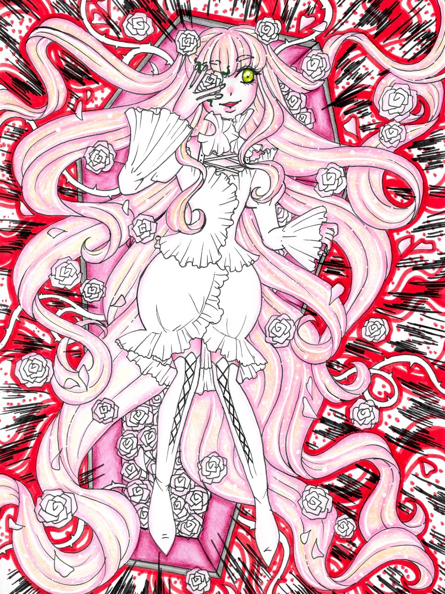 1girl dress flower image kirakishou long_hair lying pink_flower pink_hair pink_rose rose solo thorns very_long_hair vines white_rose